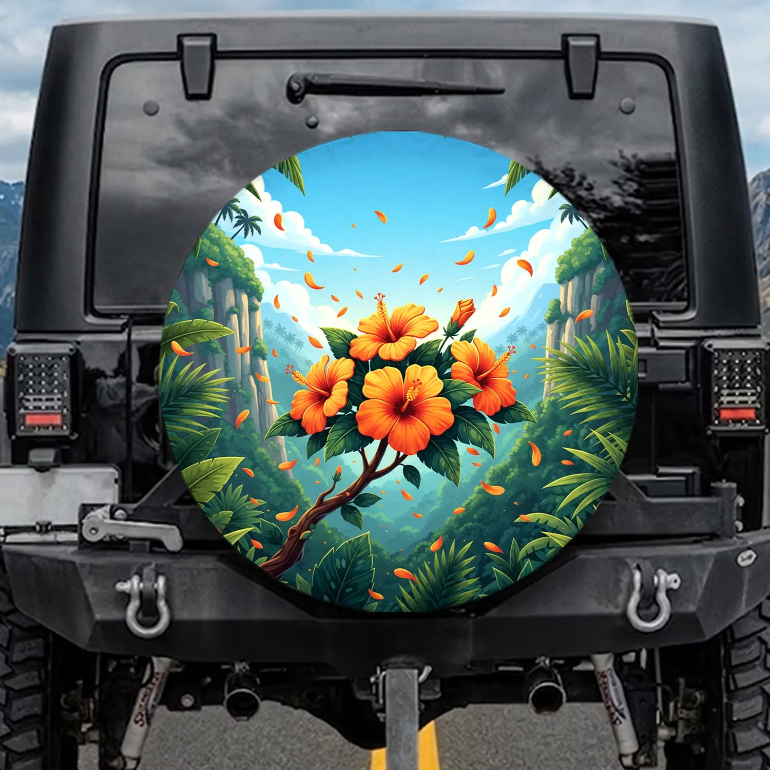 Vibrant Hibiscus Flowers Lush Tropical Cliffs Palm Trees - Vacation Adventure Gear Accessory Spare Tire Cover - 1