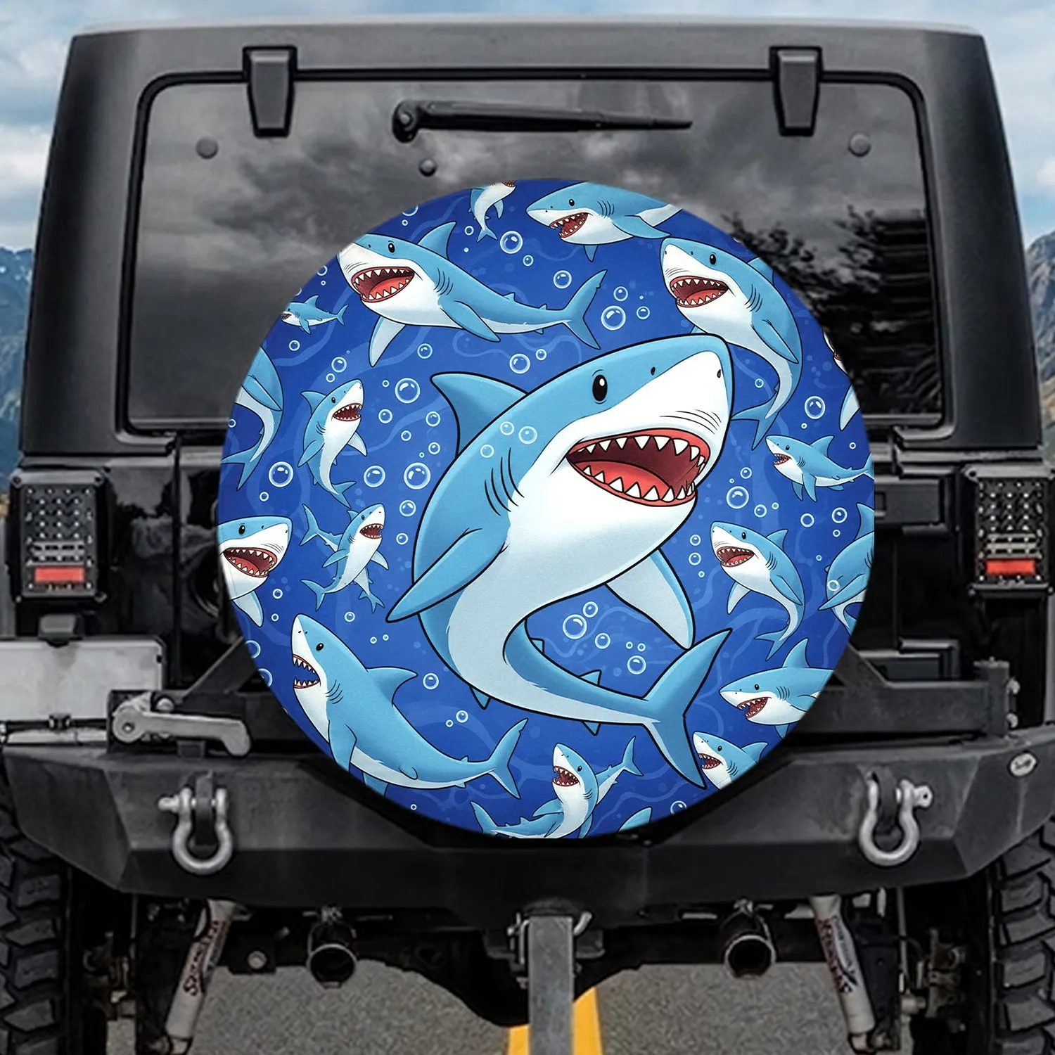 Sharks with Red Mouth Jagged Teeth, Bubbles, Blue Water Ripples - Wildlife Lover Gift Spare Tire Cover - 1
