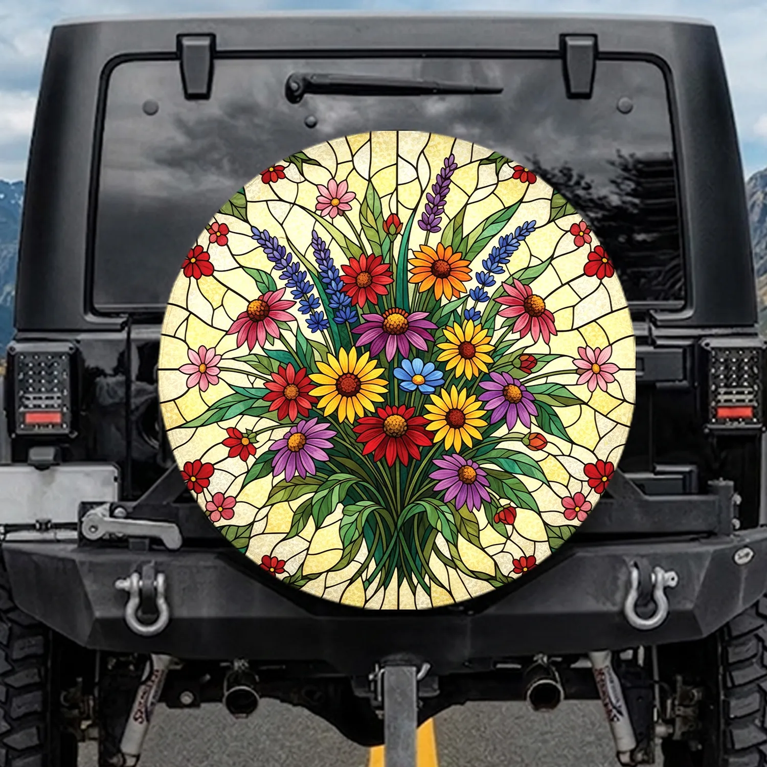 Stained Glass Daisies Coneflowers Lavender Floral - Garden Lover Home Decor Gift Spare Tire Cover - 1