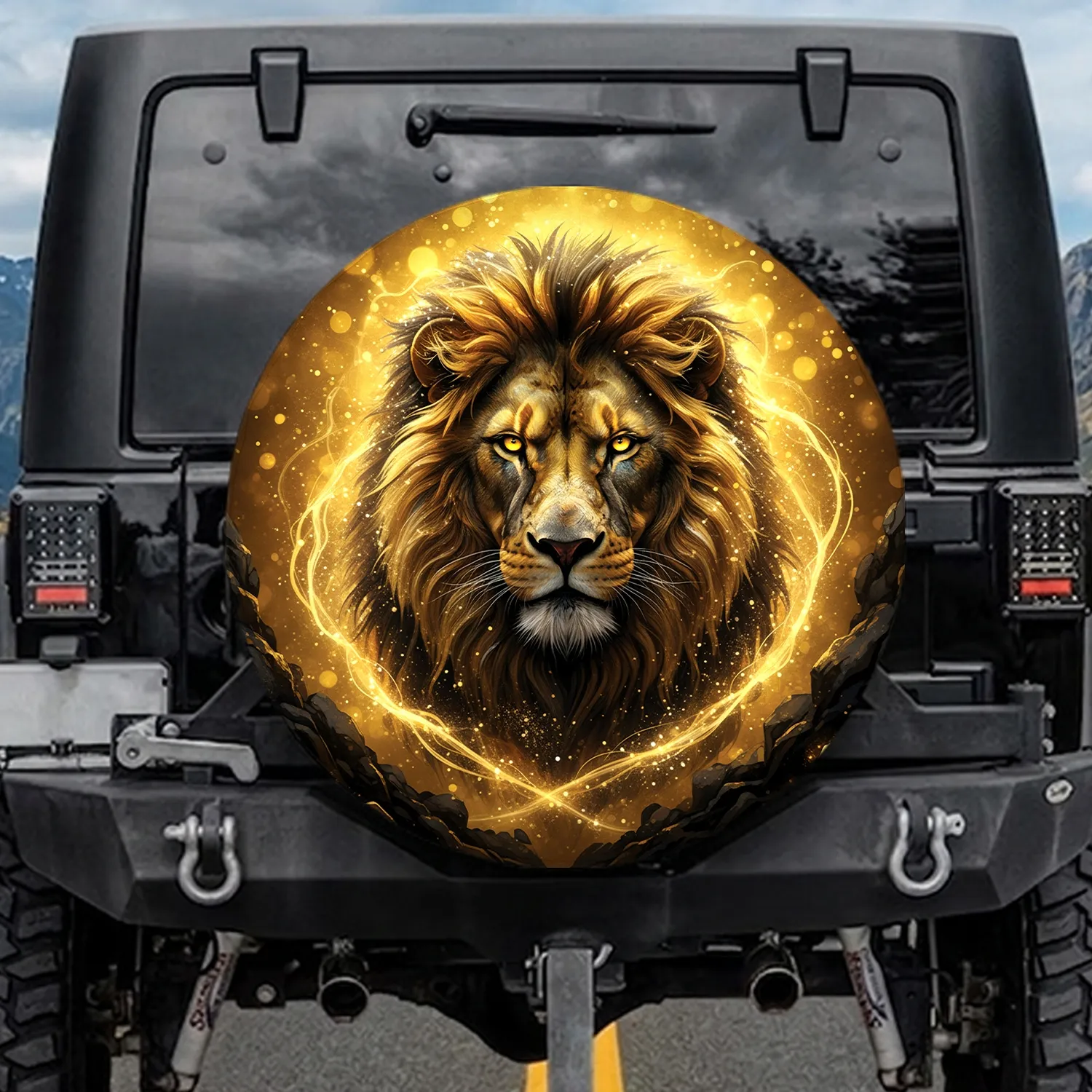 Majestic Lion Head Glowing Yellow Eyes Golden Streaks Mane - Wildlife Lover Gift Spare Tire Cover - 1