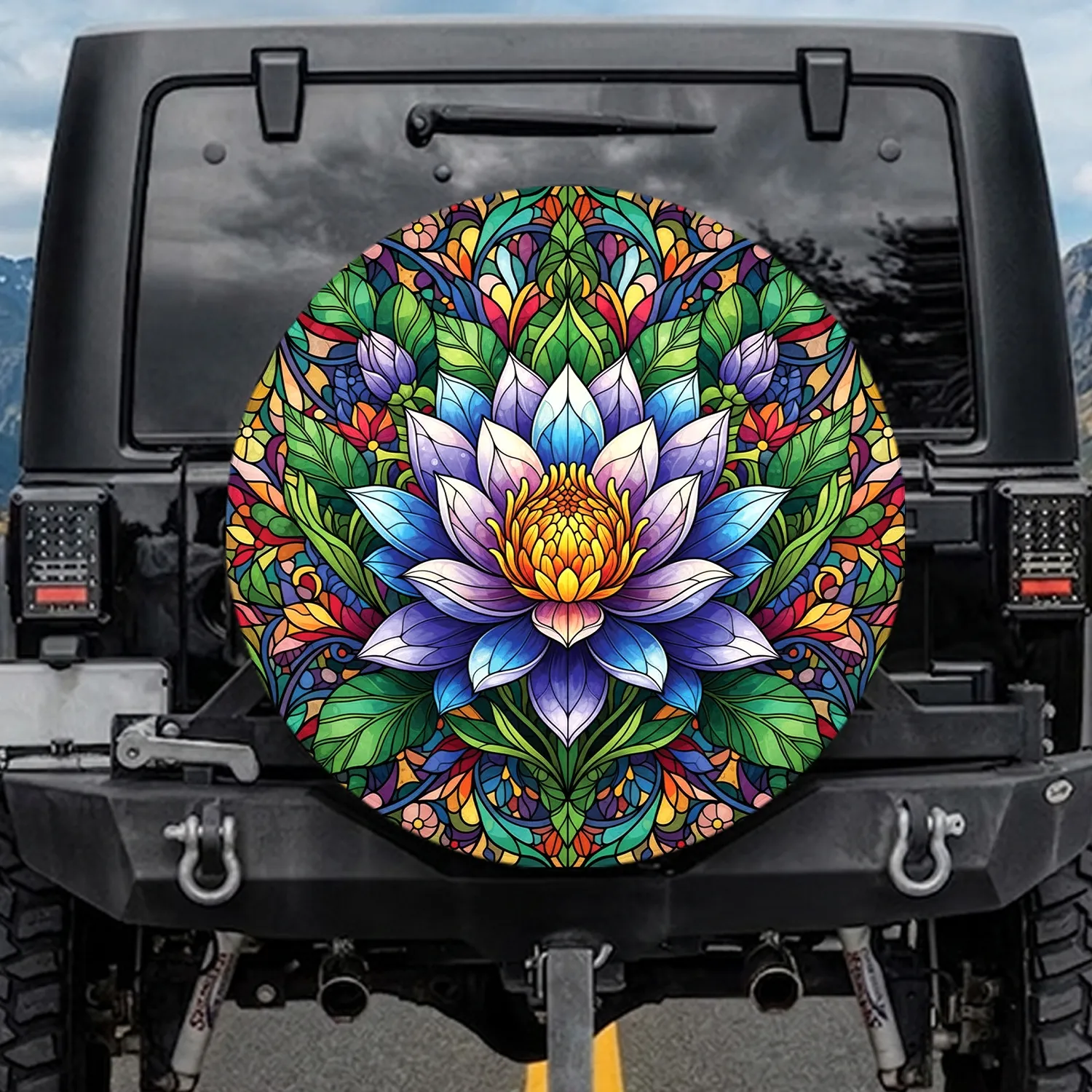 Stained Glass Lotus Water Lily Flower Foliage Boho Lifestyle Home Decor Gift Spare Tire Cover - 1