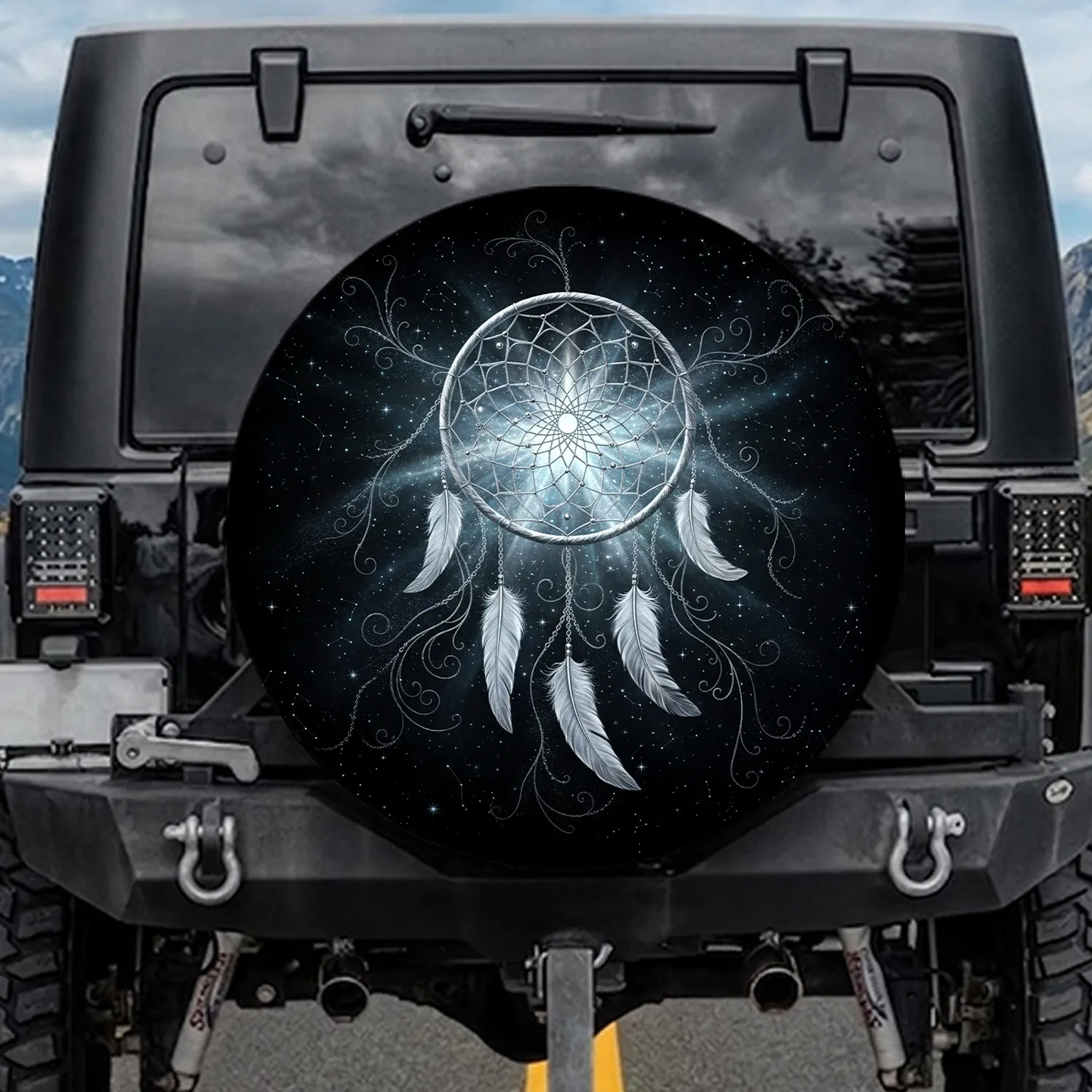 Intricate Silver Dreamcatcher White Feathers - Boho Celestial Decor Gift Spare Tire Cover - 1