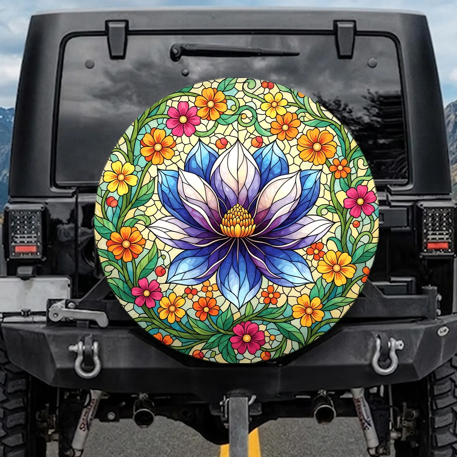 Magnolia Stained Glass Floral Mosaic - Home Decor Gift for Car Lover Spare Tire Cover - 1