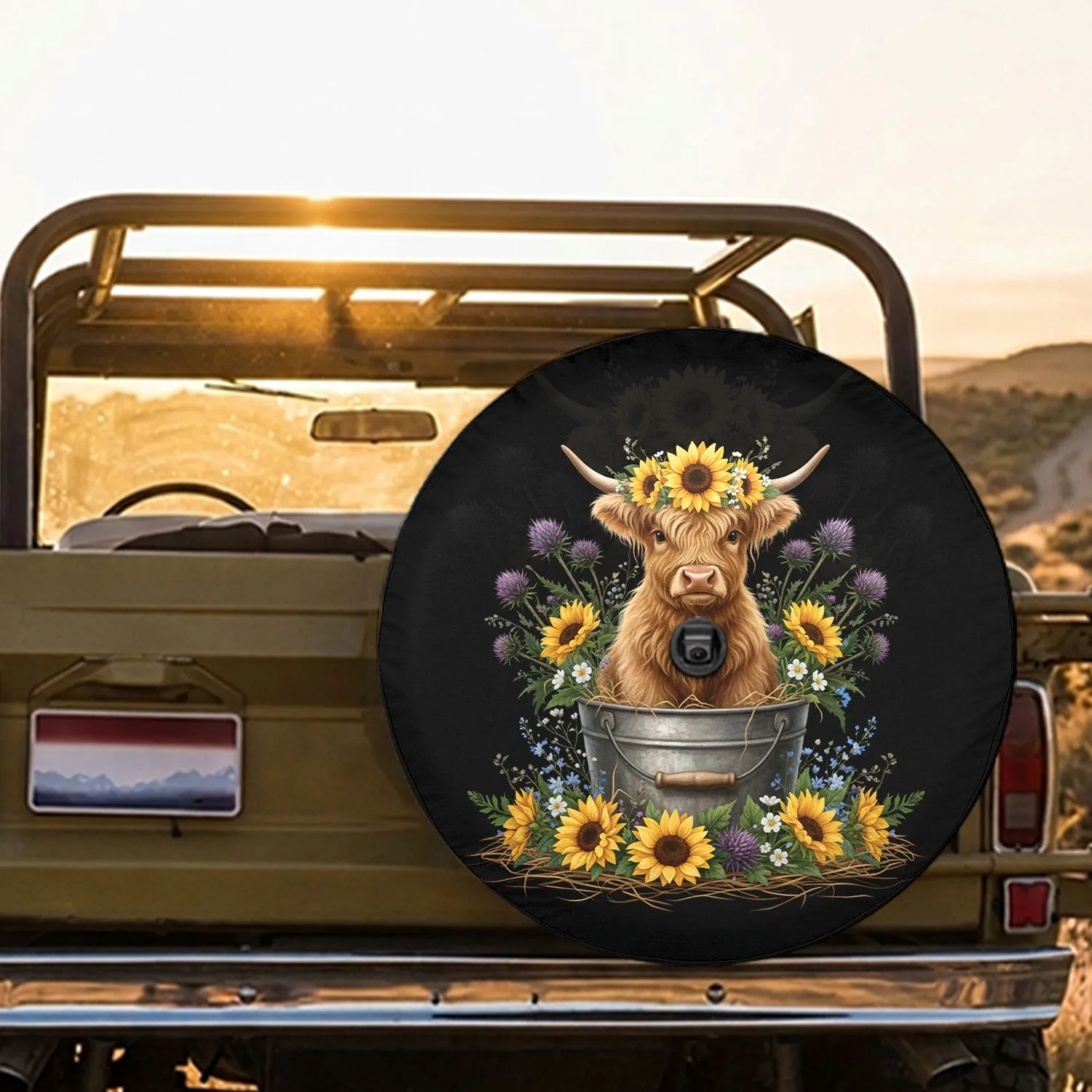 Baby Highland Cow Sunflowers Galvanized Bucket - Farmhouse Home Decor Gift for Cow Lover Spare Tire Cover - 1