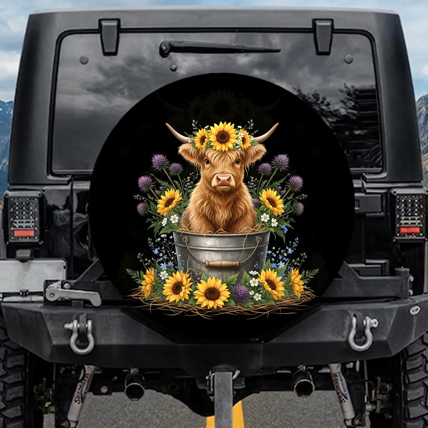 Baby Highland Cow Sunflowers Galvanized Bucket - Farmhouse Home Decor Gift for Cow Lover Spare Tire Cover - 1