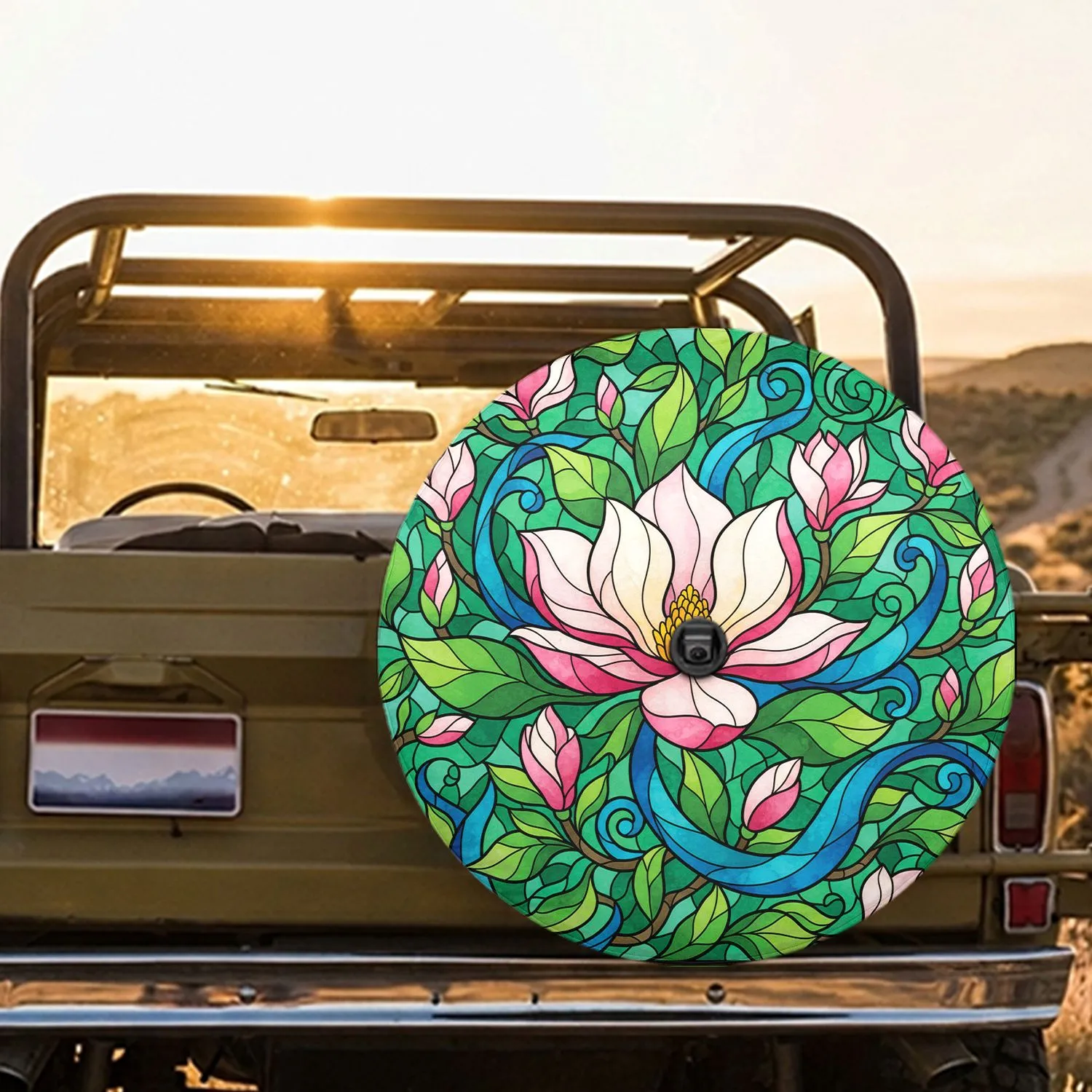 Stained Glass Magnolia Flower Buds Green Leaves Wavy Ribbons - Garden Lover Gift Spare Tire Cover - 1