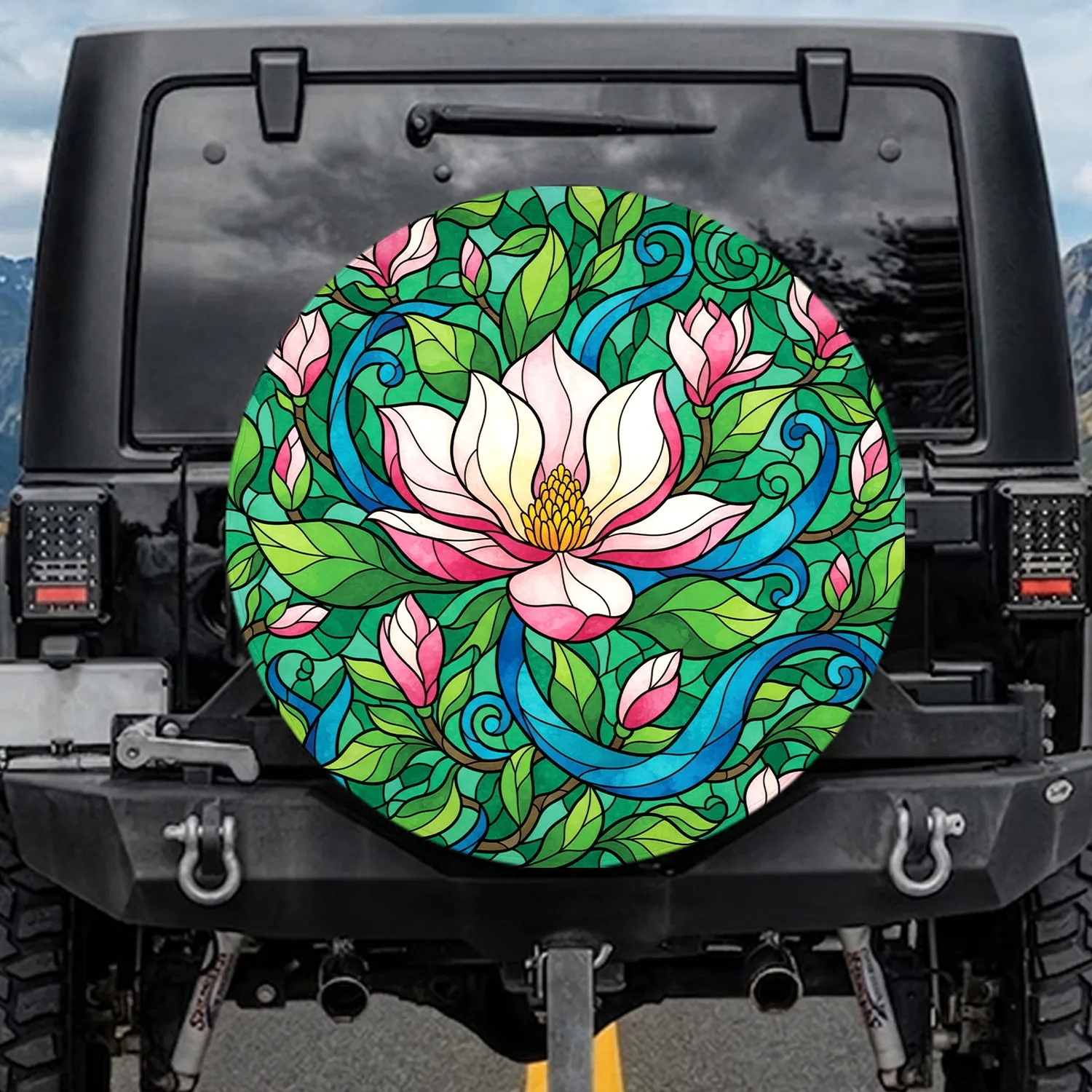 Stained Glass Magnolia Flower Buds Green Leaves Wavy Ribbons - Garden Lover Gift Spare Tire Cover - 1