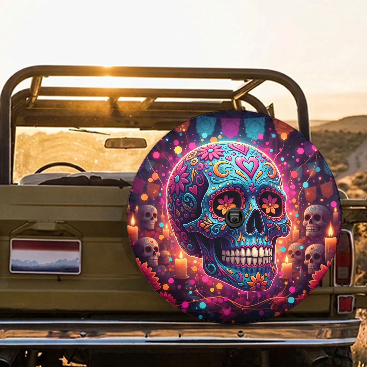 Sugar Skull Calavera Floral Hearts - Day of the Dead Gift for Festival Lover Spare Tire Cover - 1