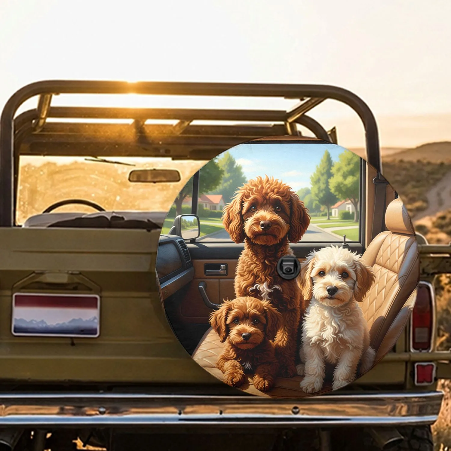 Curious Poodle Dogs Road Trip - Travel Essentials for Dog Lover Spare Tire Cover - 1