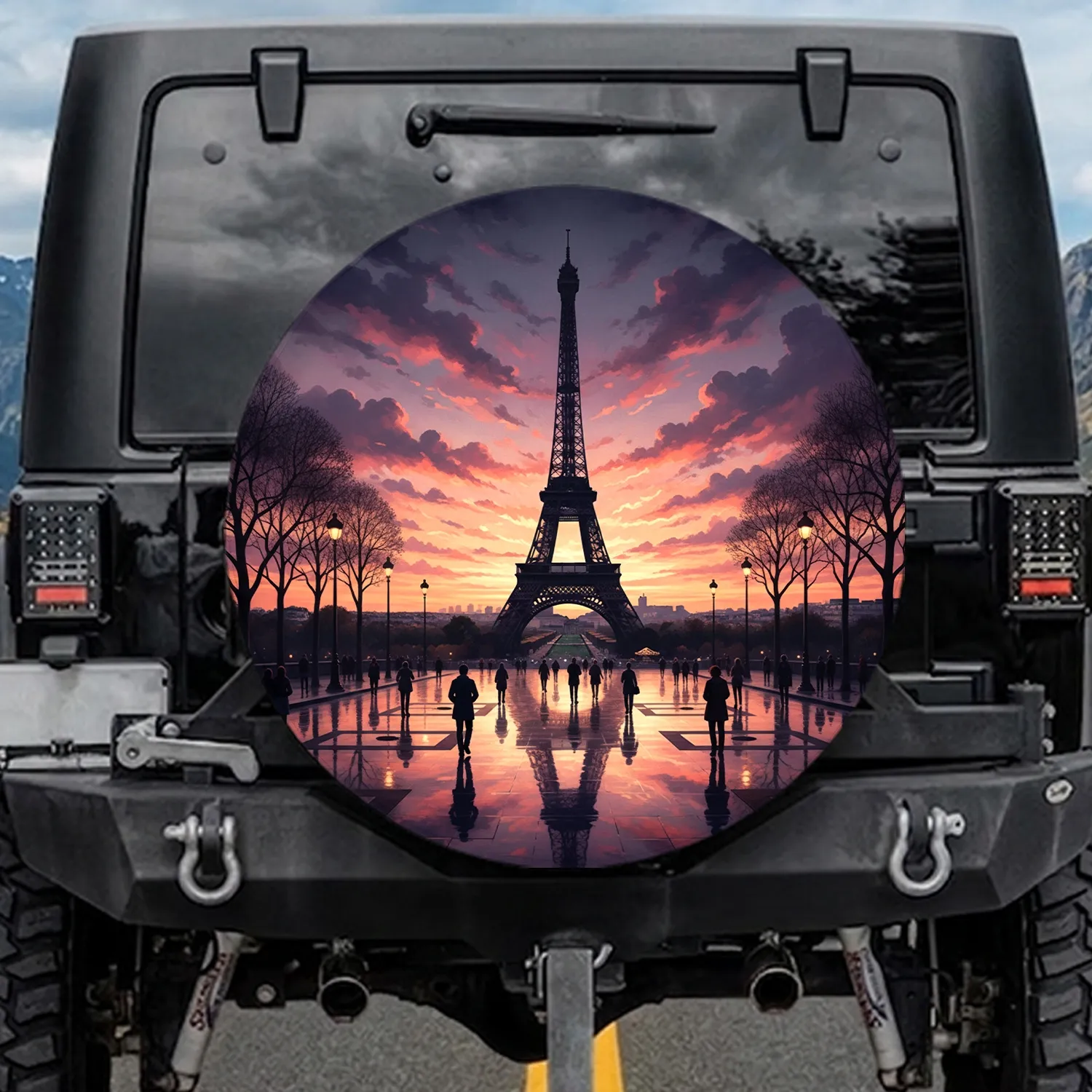 Eiffel Tower Parisian Streetlights Sunset Reflective Avenue Cityscape - Travel Lover Gift Spare Tire Cover - 1