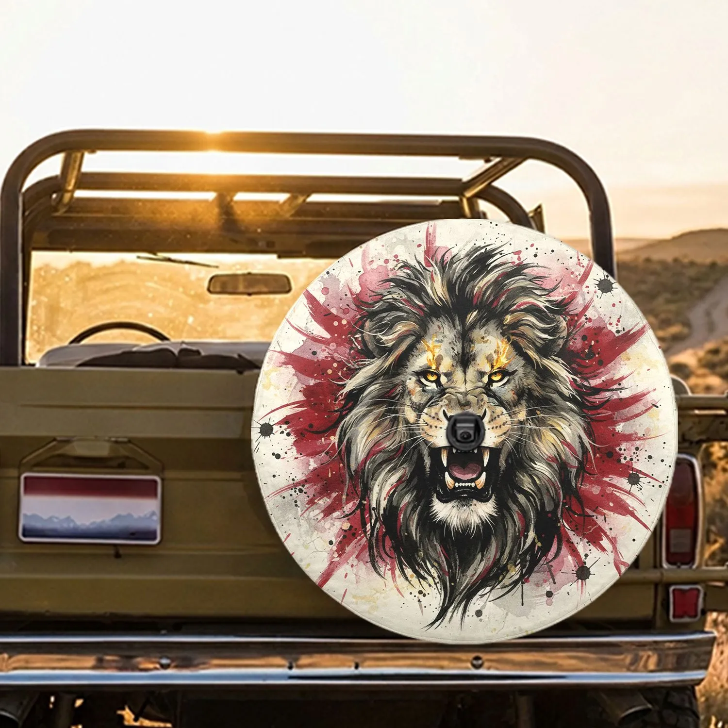 Roaring Lion Golden Eyes Wild Mane Crimson Black Splatter - Wild Animal Lover Gift Spare Tire Cover - 1