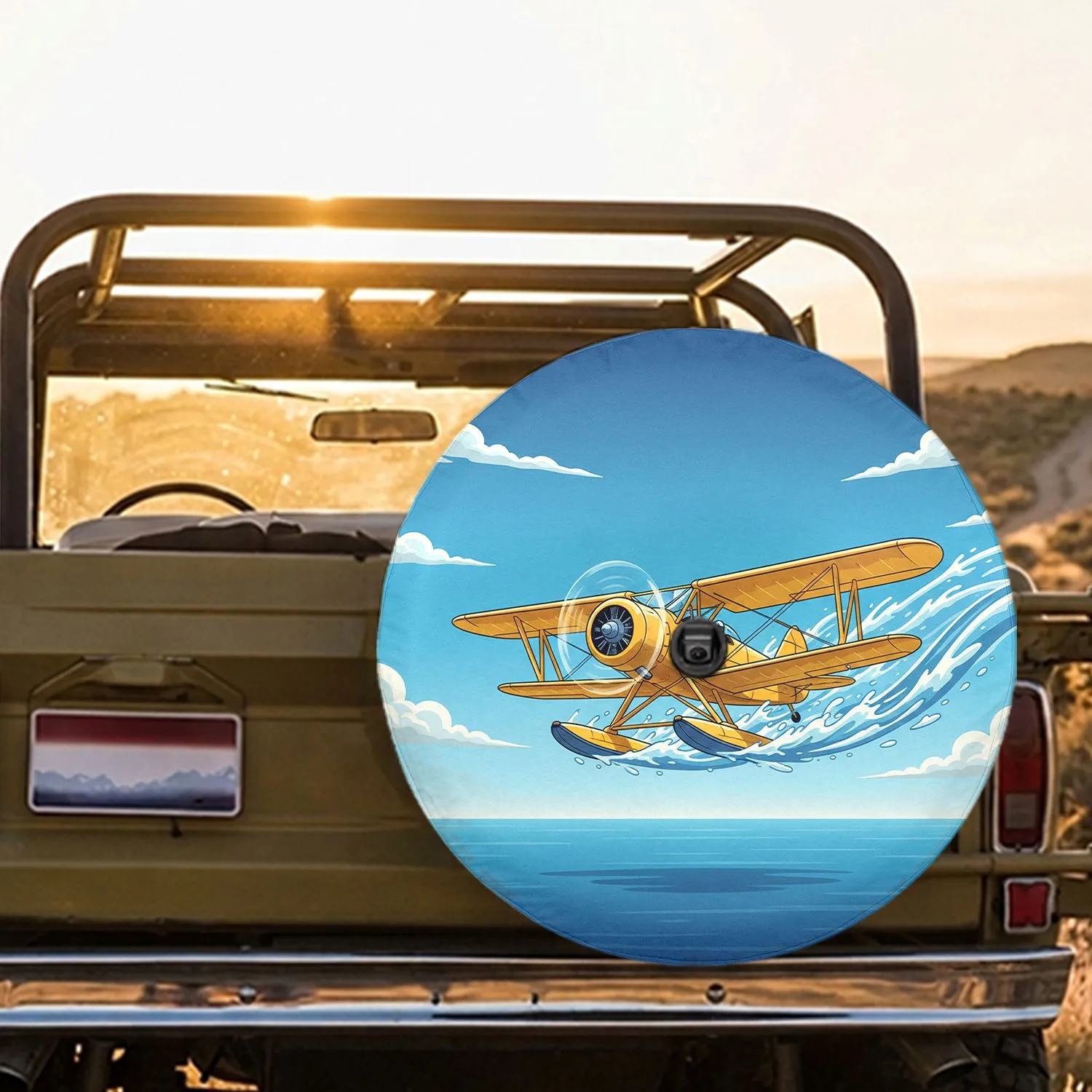 Yellow Biplane Water Skis Flying Over Blue Water and Clouds - Outdoor Adventure Gift Spare Tire Cover - 1