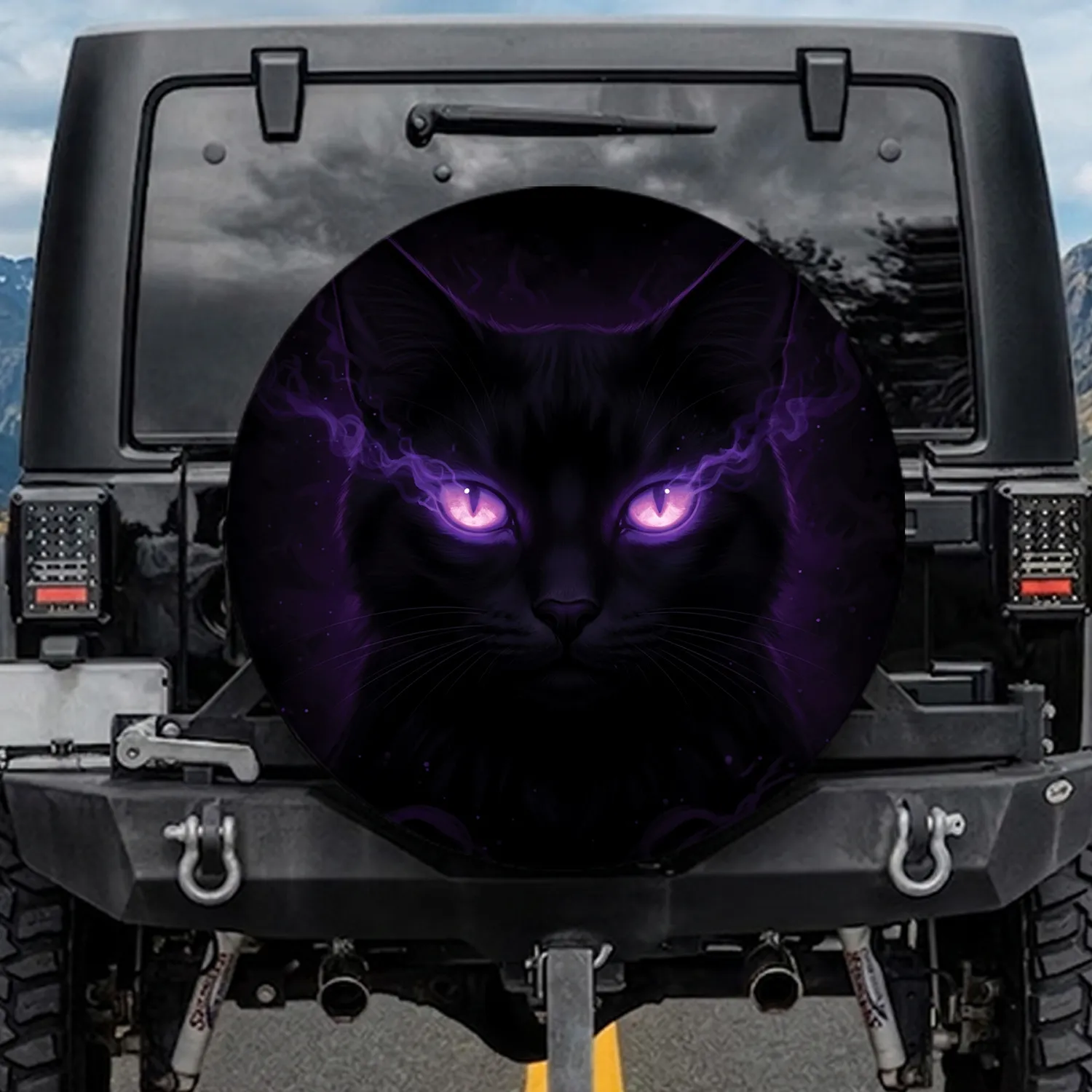 Sleek Black Cat Glowing Purple Eyes - Home Decor Gift for Cat Lover Spare Tire Cover - 1