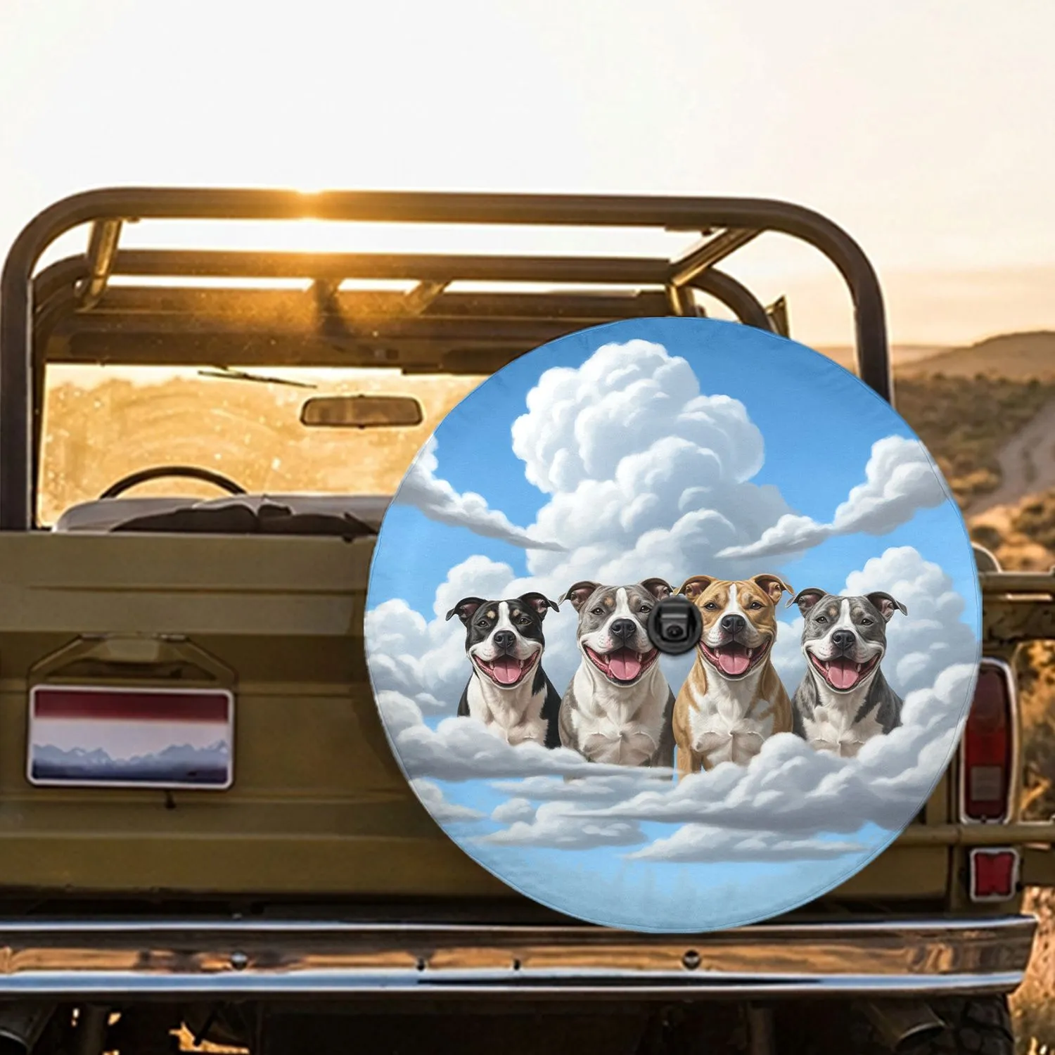 Expressive Pit Bull Dogs Blue Sky Clouds - Dog Lover Gift for Pit Bull Lovers Spare Tire Cover - 1