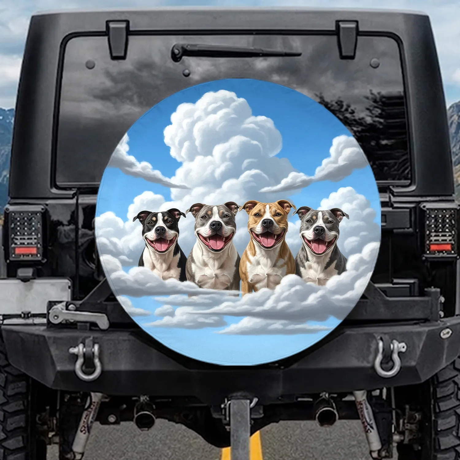 Expressive Pit Bull Dogs Blue Sky Clouds - Dog Lover Gift for Pit Bull Lovers Spare Tire Cover - 1