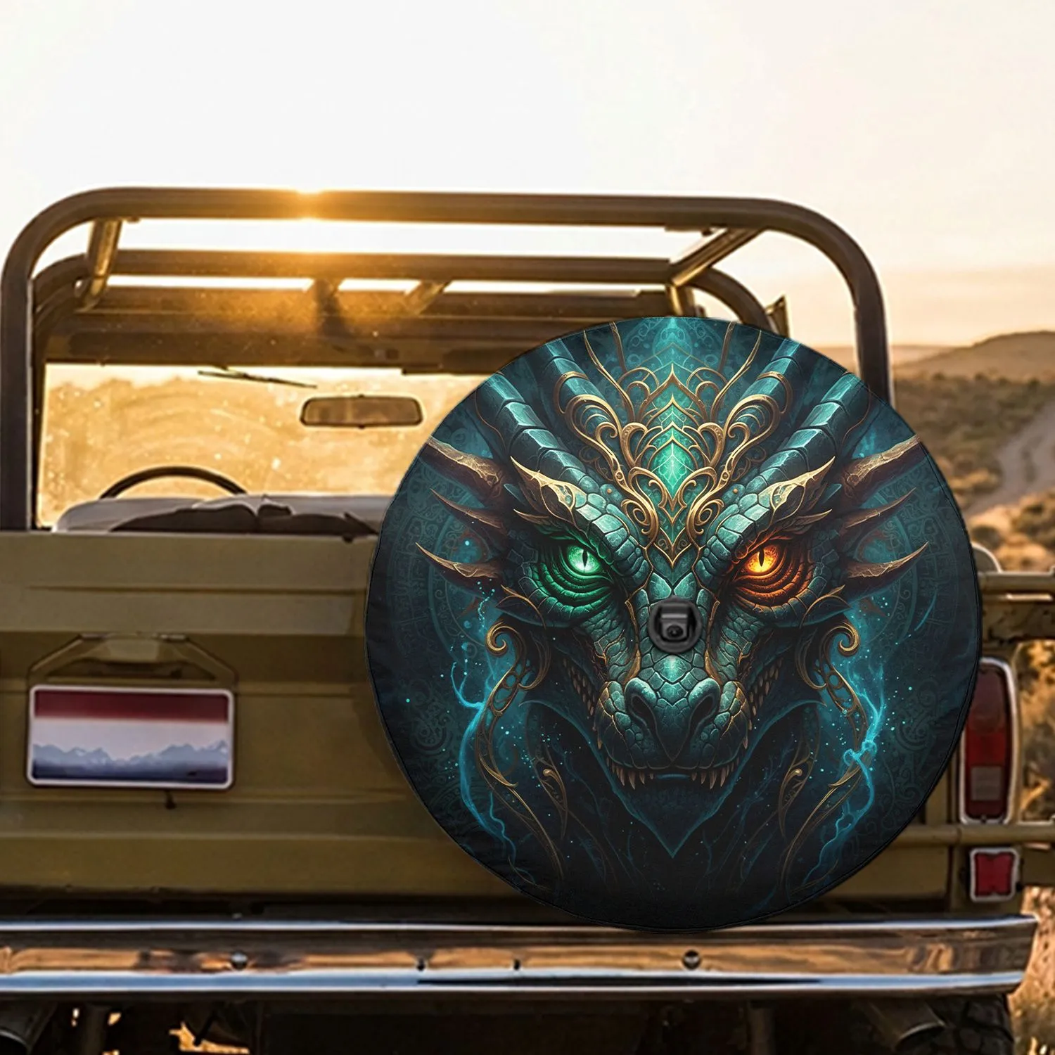 Majestic Dragon Face Glowing Eyes - Fantasy Art Home Decor Gift for Dragon Lover Spare Tire Cover - 1