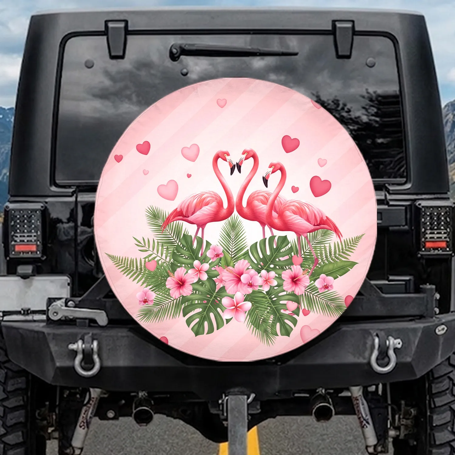 Pink Flamingos Tropical Leaves Pink Blossoms Hearts - Tropical Lifestyle Gift Spare Tire Cover - 1