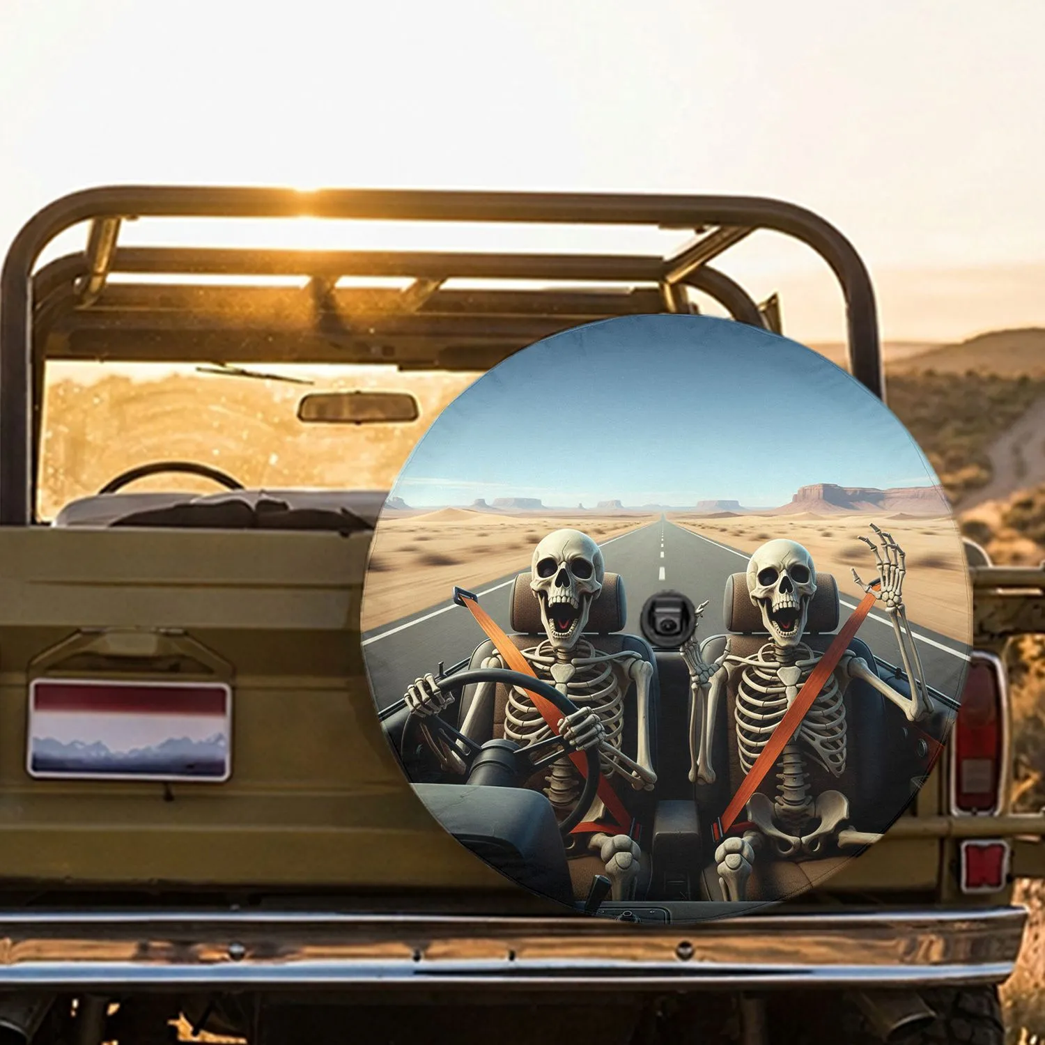Screaming Skeletons Driving Desert Highway Vehicle - Vehicle Accessory Gift for Road Trip Lovers Spare Tire Cover - 1