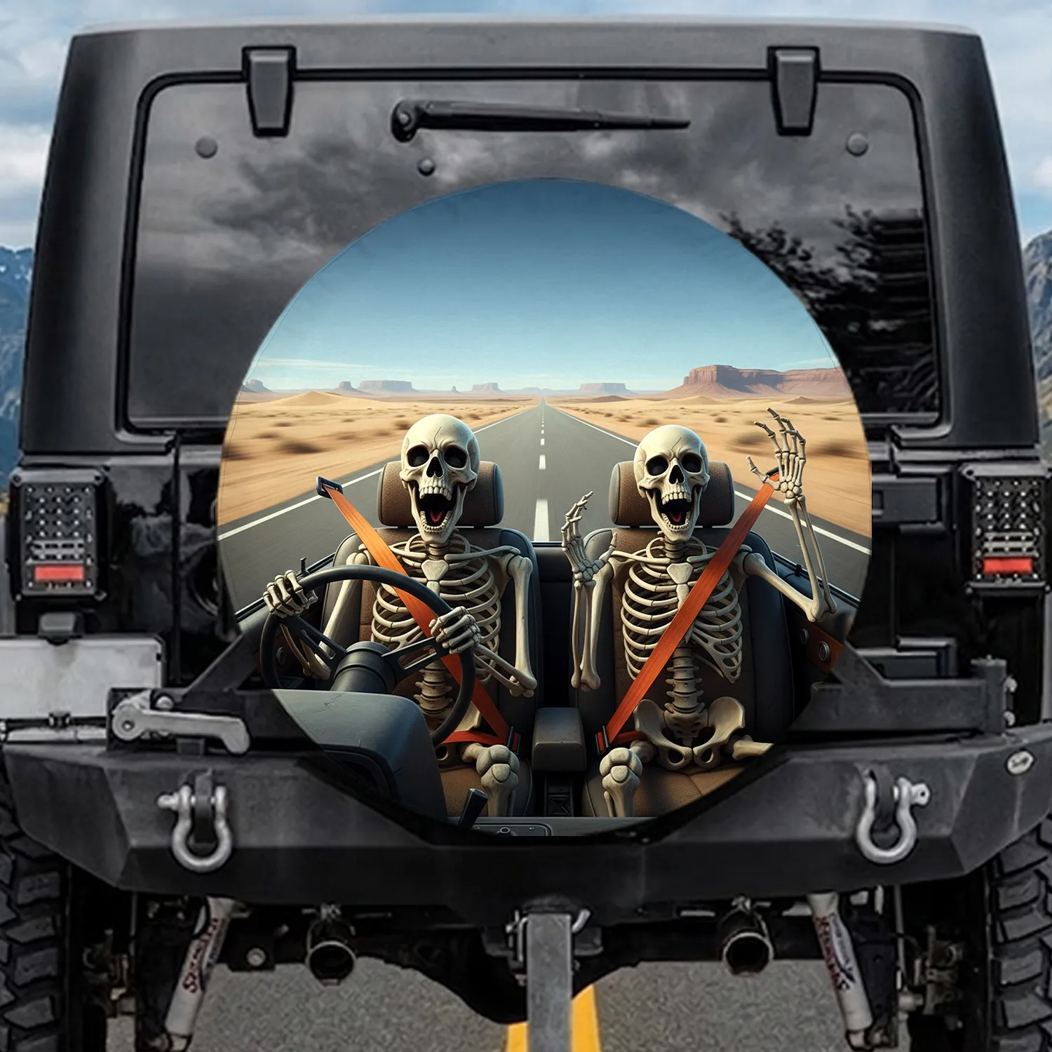Screaming Skeletons Driving Desert Highway Vehicle - Vehicle Accessory Gift for Road Trip Lovers Spare Tire Cover - 1