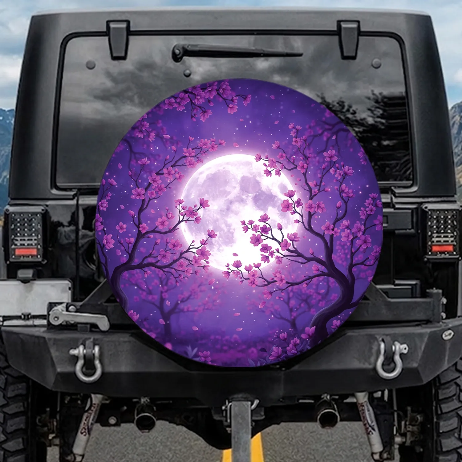 Luminous Full Moon Tree Blossoms - Night Sky Decor Gift Spare Tire Cover - 1