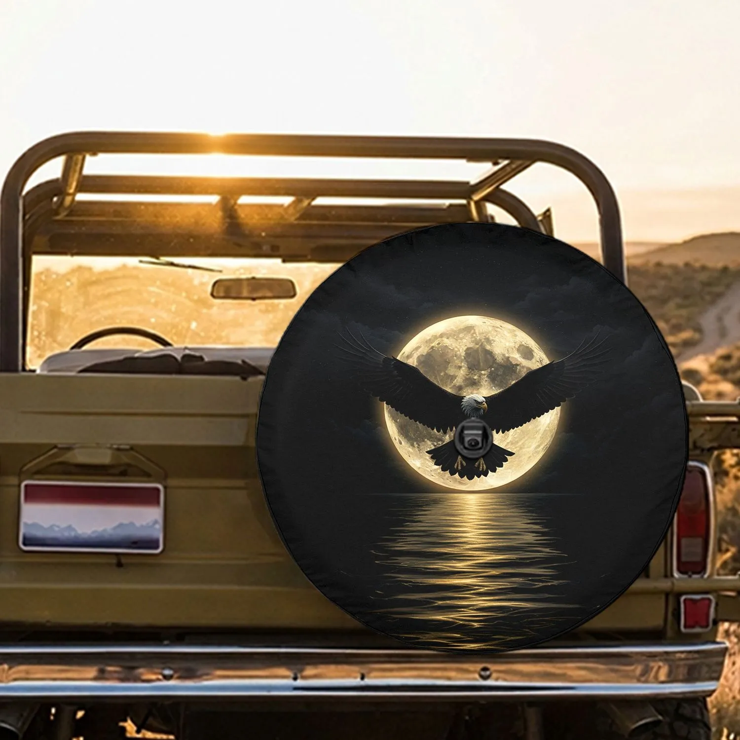 Majestic Eagle Luminous Full Moon Golden Water Reflection Night Sky - Outdoor Lifestyle Gift Spare Tire Cover - 1