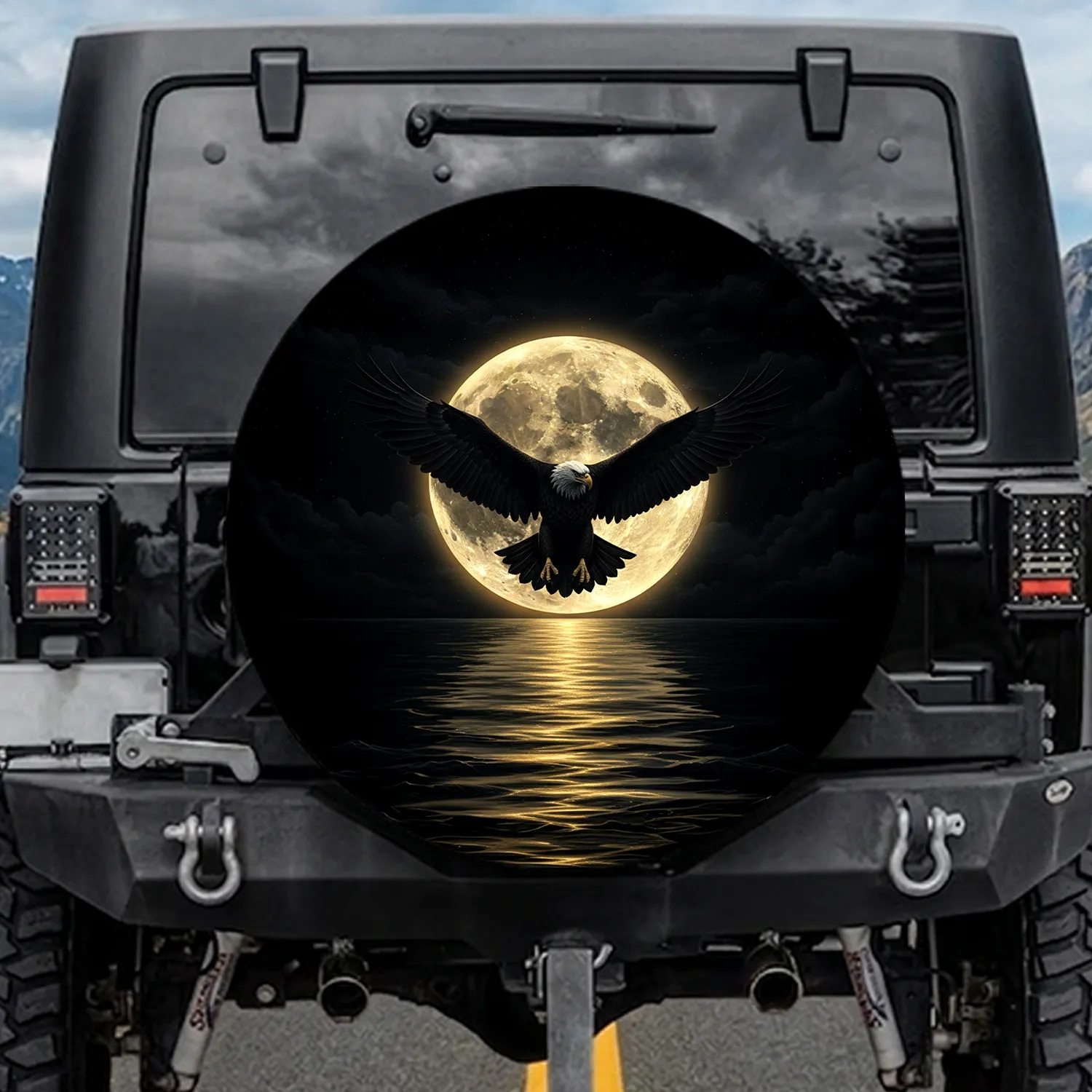Majestic Eagle Luminous Full Moon Golden Water Reflection Night Sky - Outdoor Lifestyle Gift Spare Tire Cover - 1