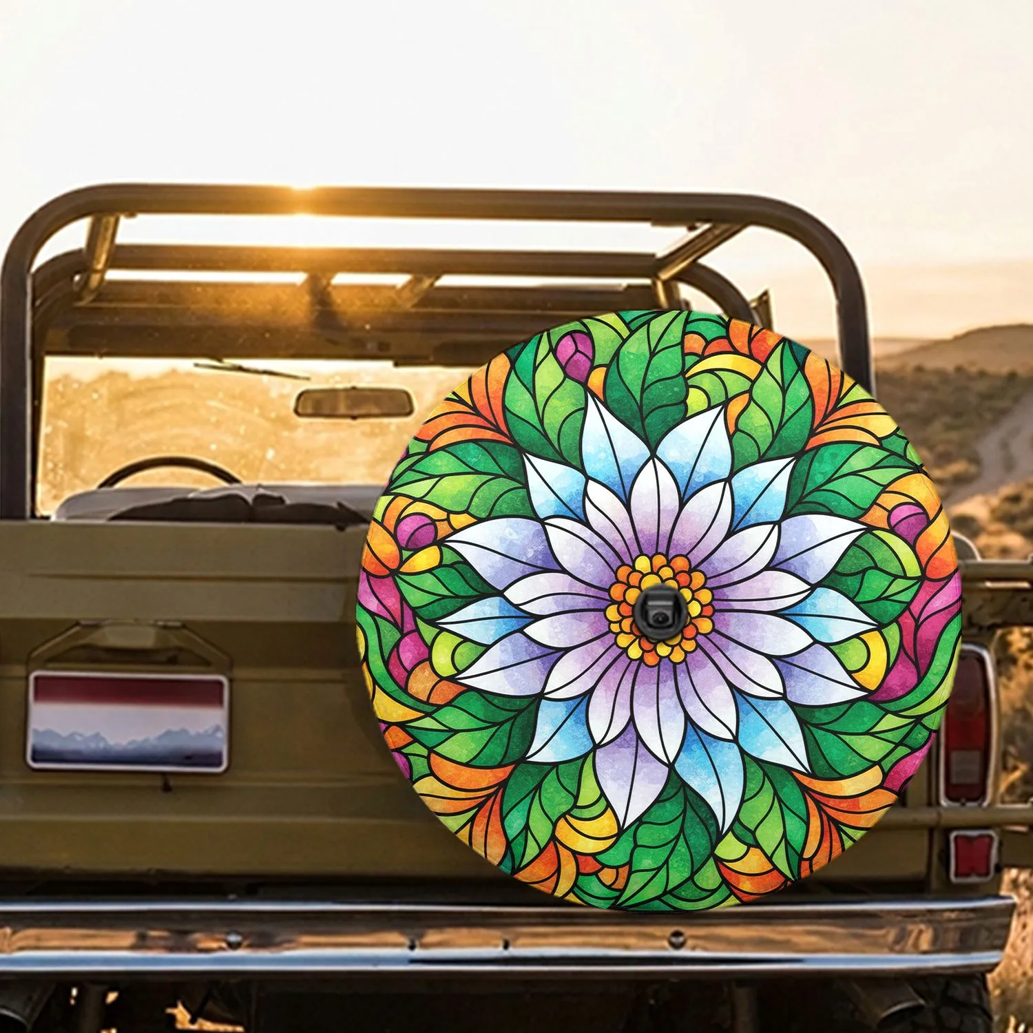 Stained Glass Flower Leaves Botanical Mosaic - Garden Lover Gift Spare Tire Cover - 1