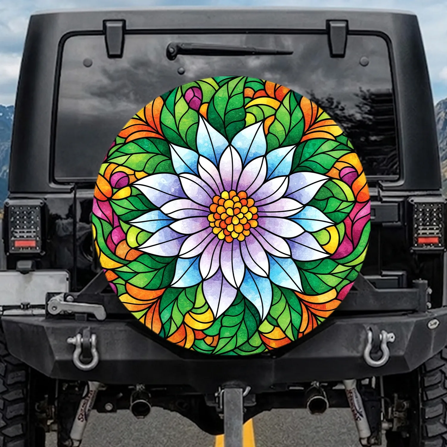 Stained Glass Flower Leaves Botanical Mosaic - Garden Lover Gift Spare Tire Cover - 1