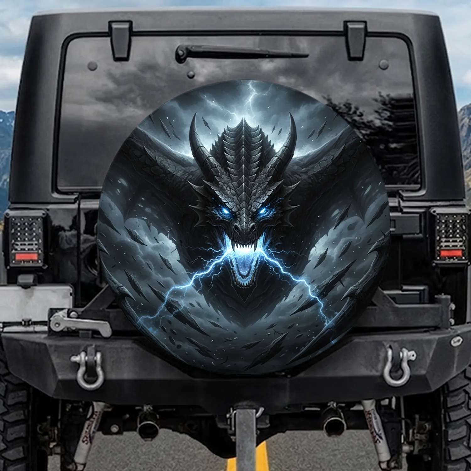 Dark Dragon Head, Electric Blue Eyes & Shadowy Wings - Fantasy Lover Auto Decor Gift Spare Tire Cover - 1