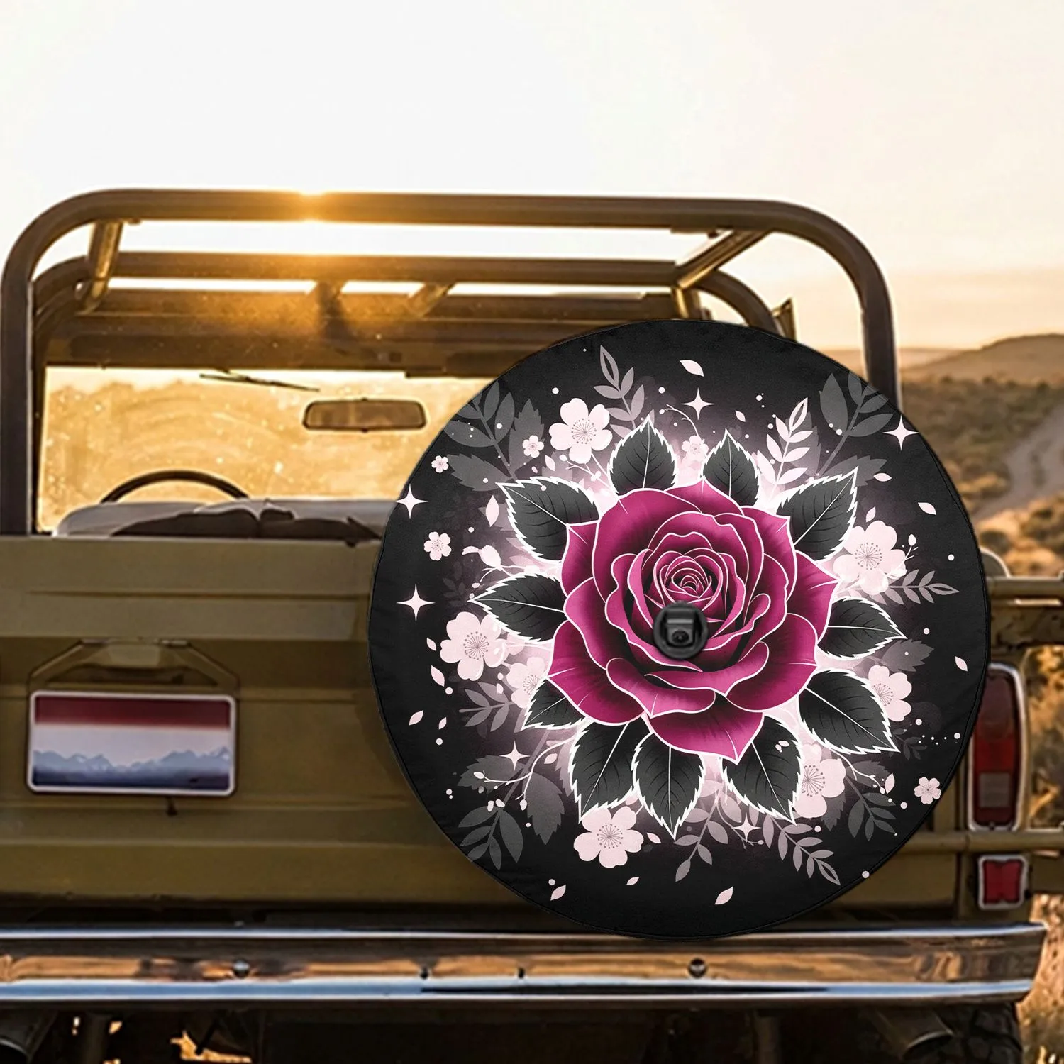 Dark Magenta Rose Floral Leaves Botanical Silhouettes - Home Decor Gift for Rose Lover Spare Tire Cover - 1
