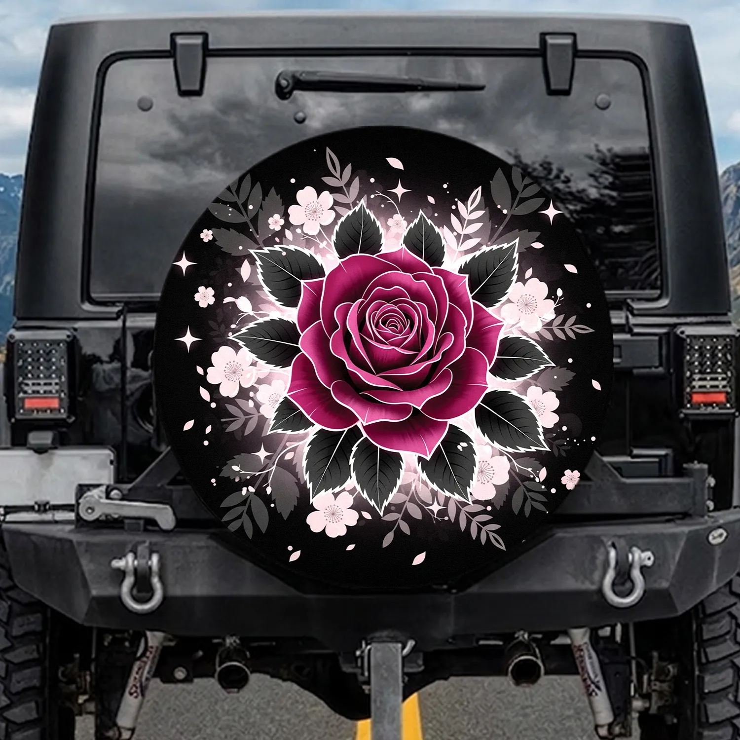 Dark Magenta Rose Floral Leaves Botanical Silhouettes - Home Decor Gift for Rose Lover Spare Tire Cover - 1