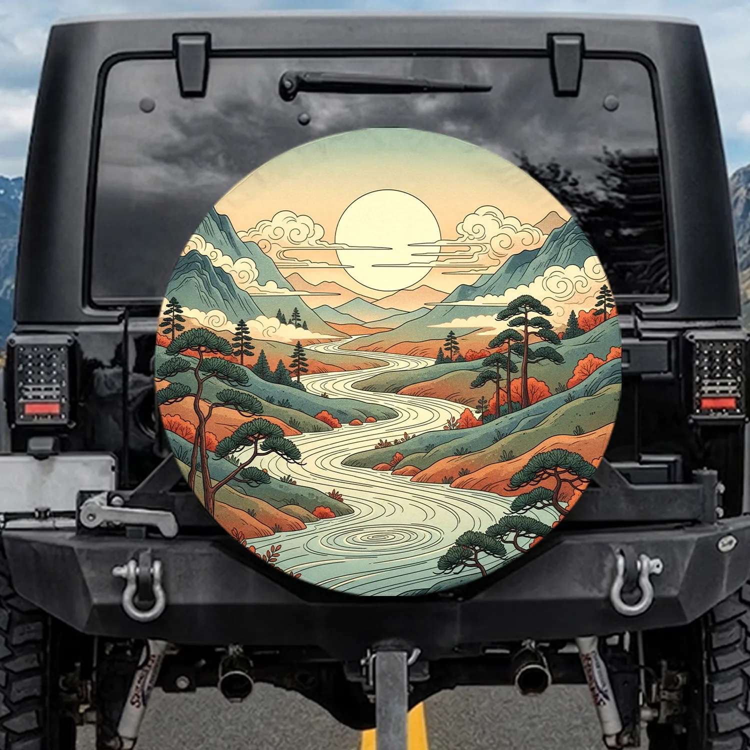 East Asian Winding River Mountain Pine Trees Sun Clouds - Home Decor Gift Spare Tire Cover - 1