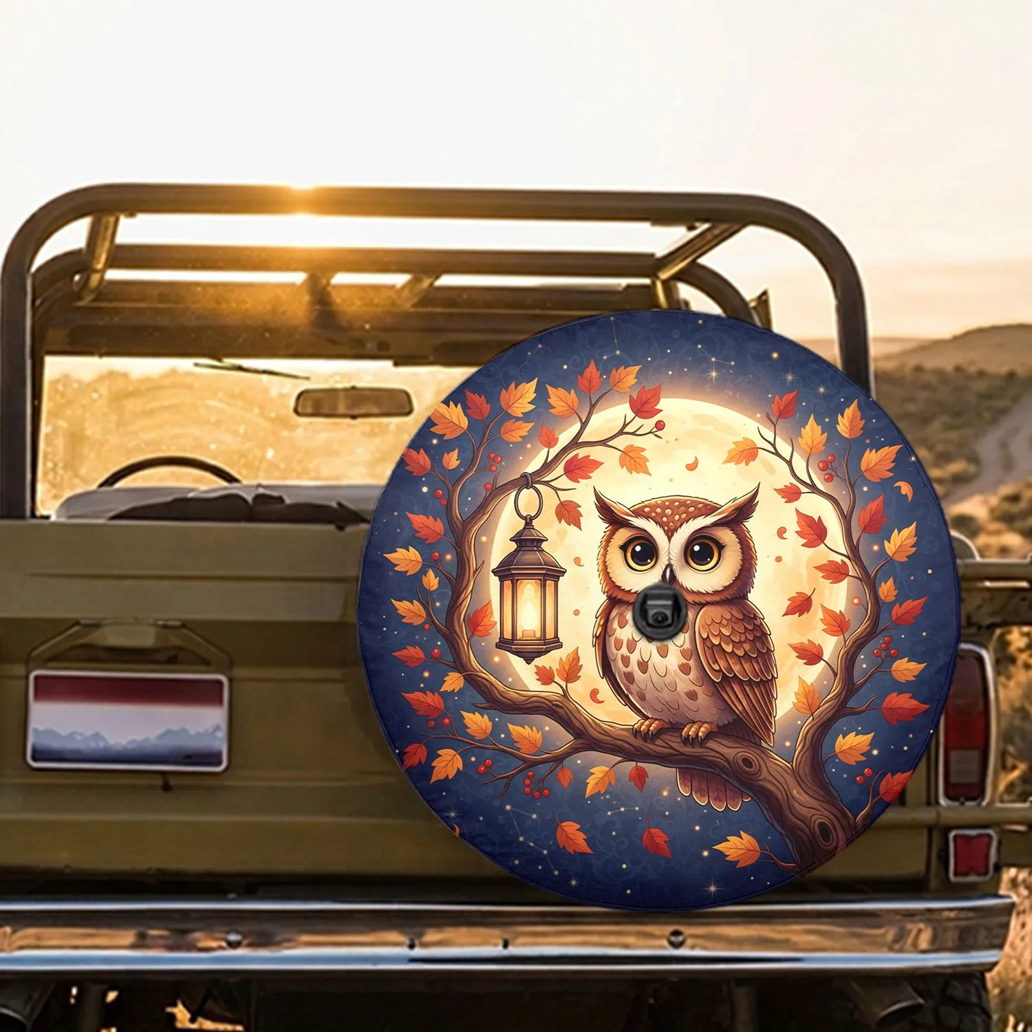 Cartoon Owl Full Moon Lantern - Autumn Woodland Decor Spare Tire Cover - 1