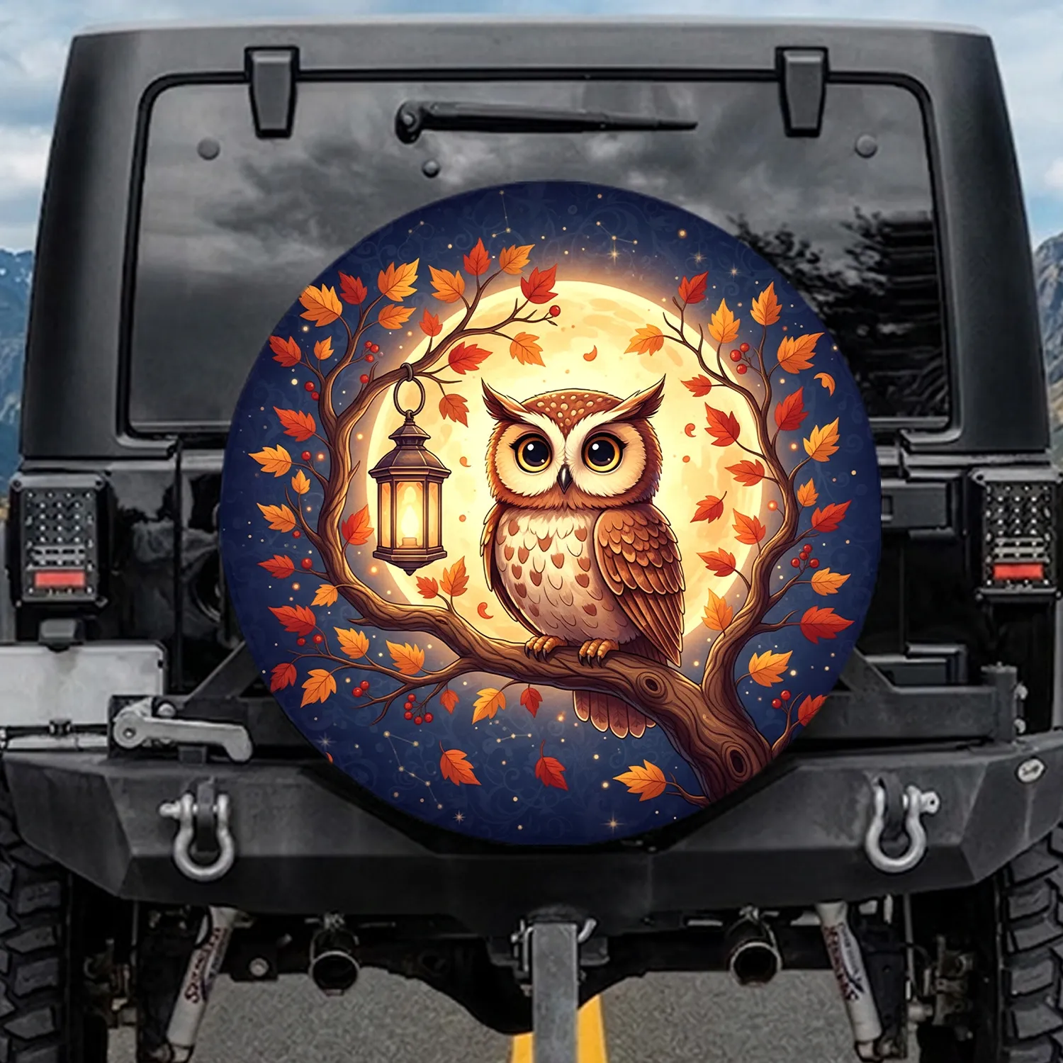 Cartoon Owl Full Moon Lantern - Autumn Woodland Decor Spare Tire Cover - 1
