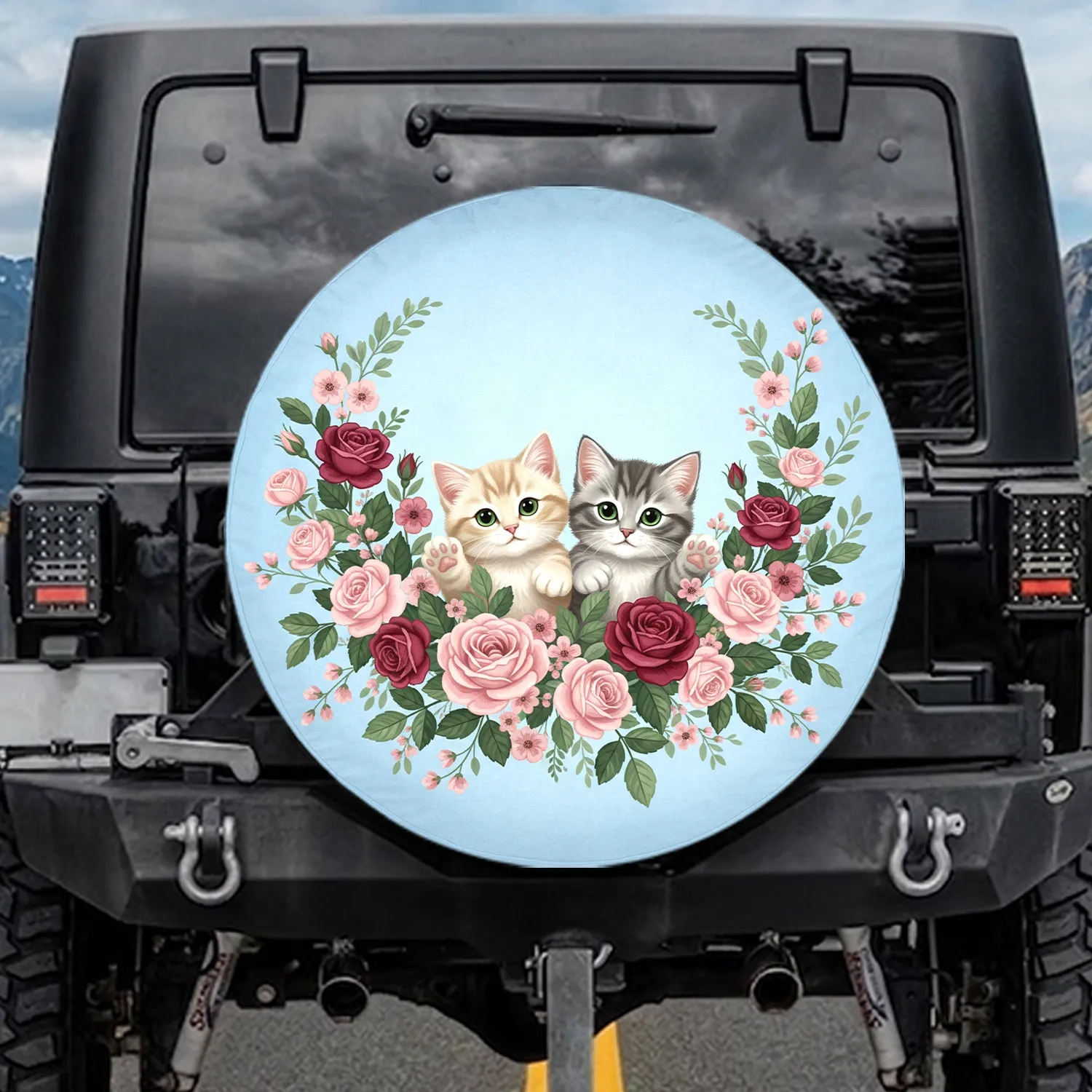 Cream Grey Kittens Pink Roses Lush Floral Arrangement - Everyday Vehicle Decor Gift Spare Tire Cover - 1