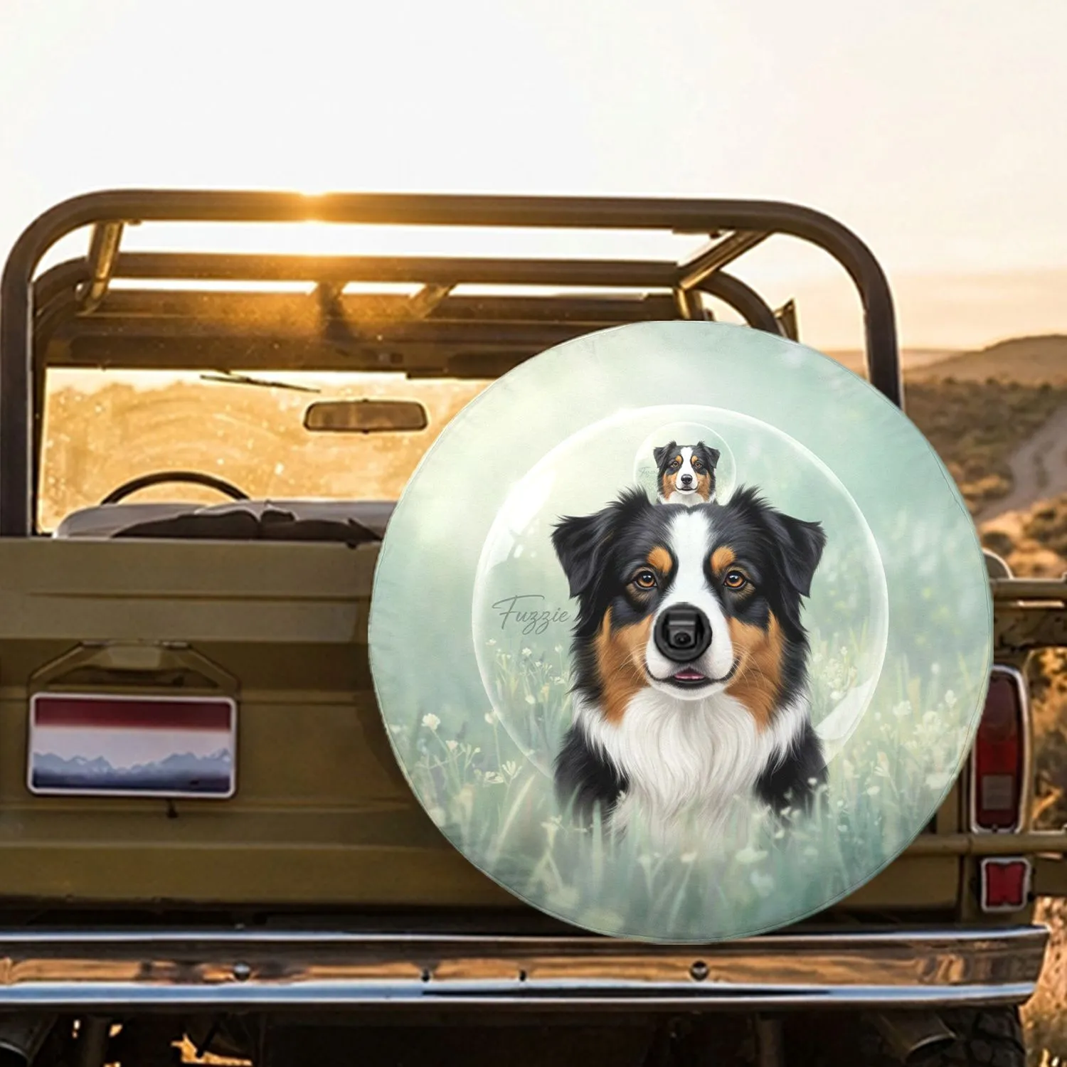 Australian Shepherd Fuzzie Orb Meadow - Dog Lover Gift for Pet Owners Spare Tire Cover - 1