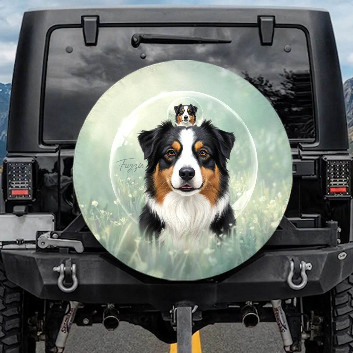 Australian Shepherd Fuzzie Orb Meadow - Dog Lover Gift for Pet Owners Spare Tire Cover - 1