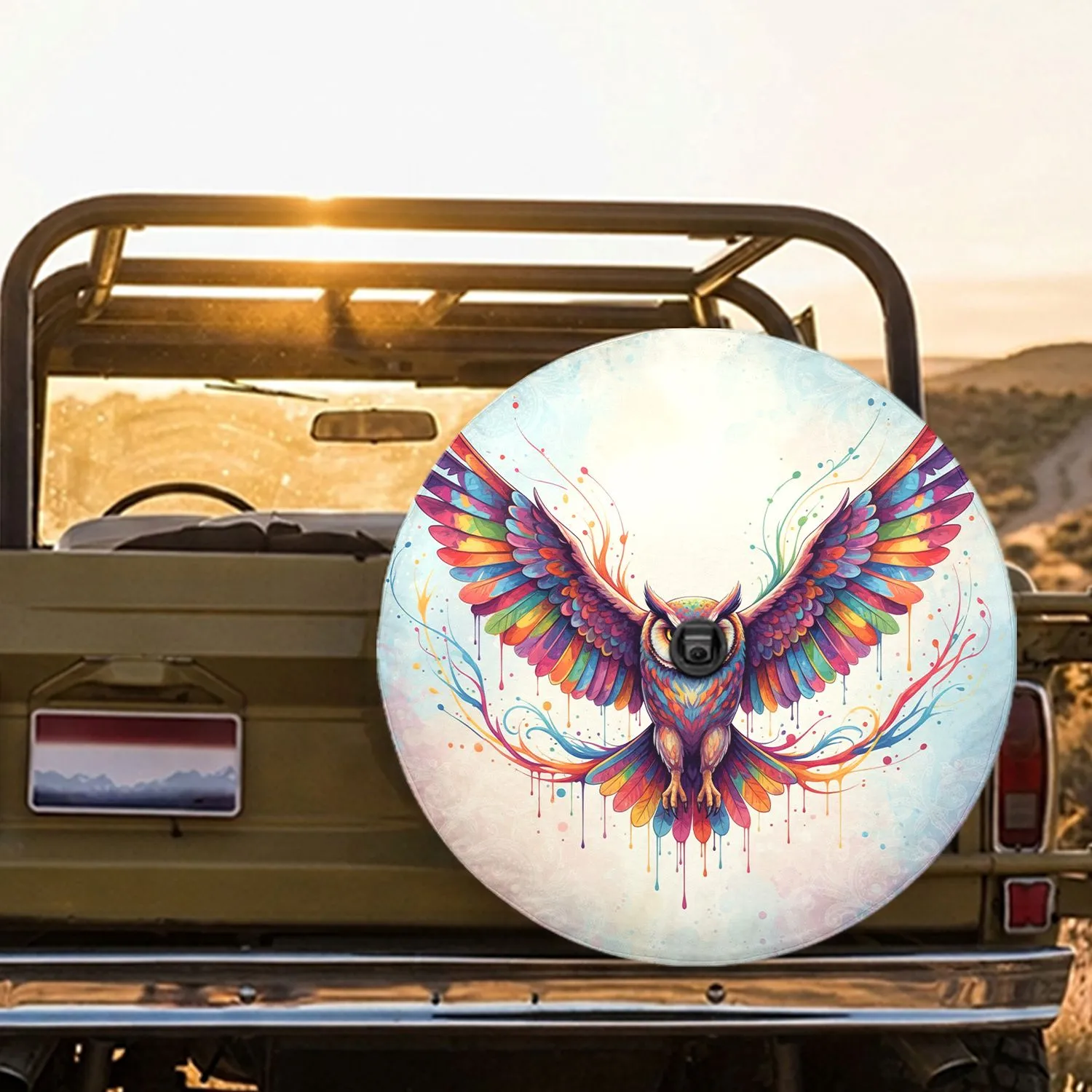 Majestic Rainbow Owl Flying Wings Spread Paint Drips - Outdoor Decor Gift for Owl Lovers Spare Tire Cover - 1