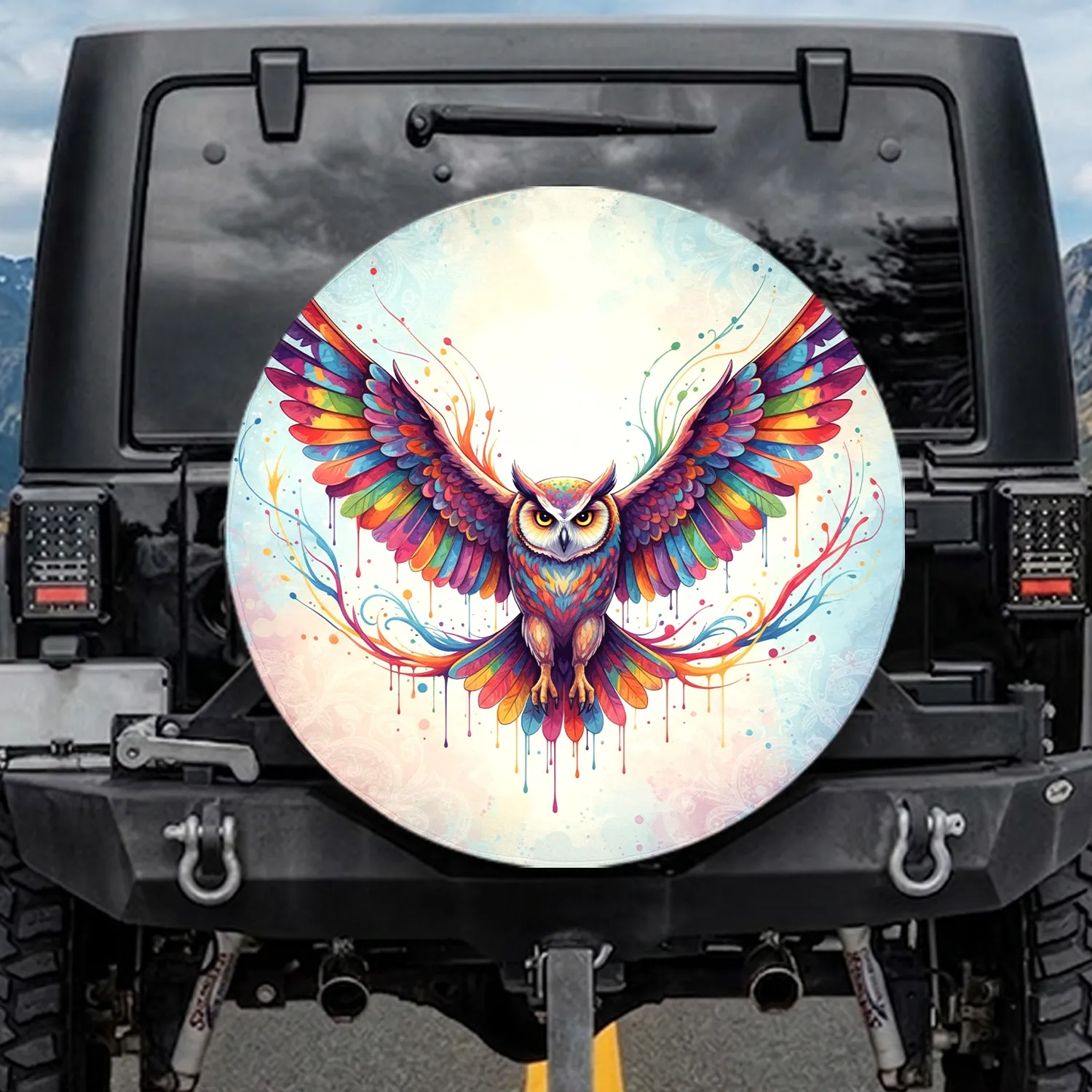 Majestic Rainbow Owl Flying Wings Spread Paint Drips - Outdoor Decor Gift for Owl Lovers Spare Tire Cover - 1