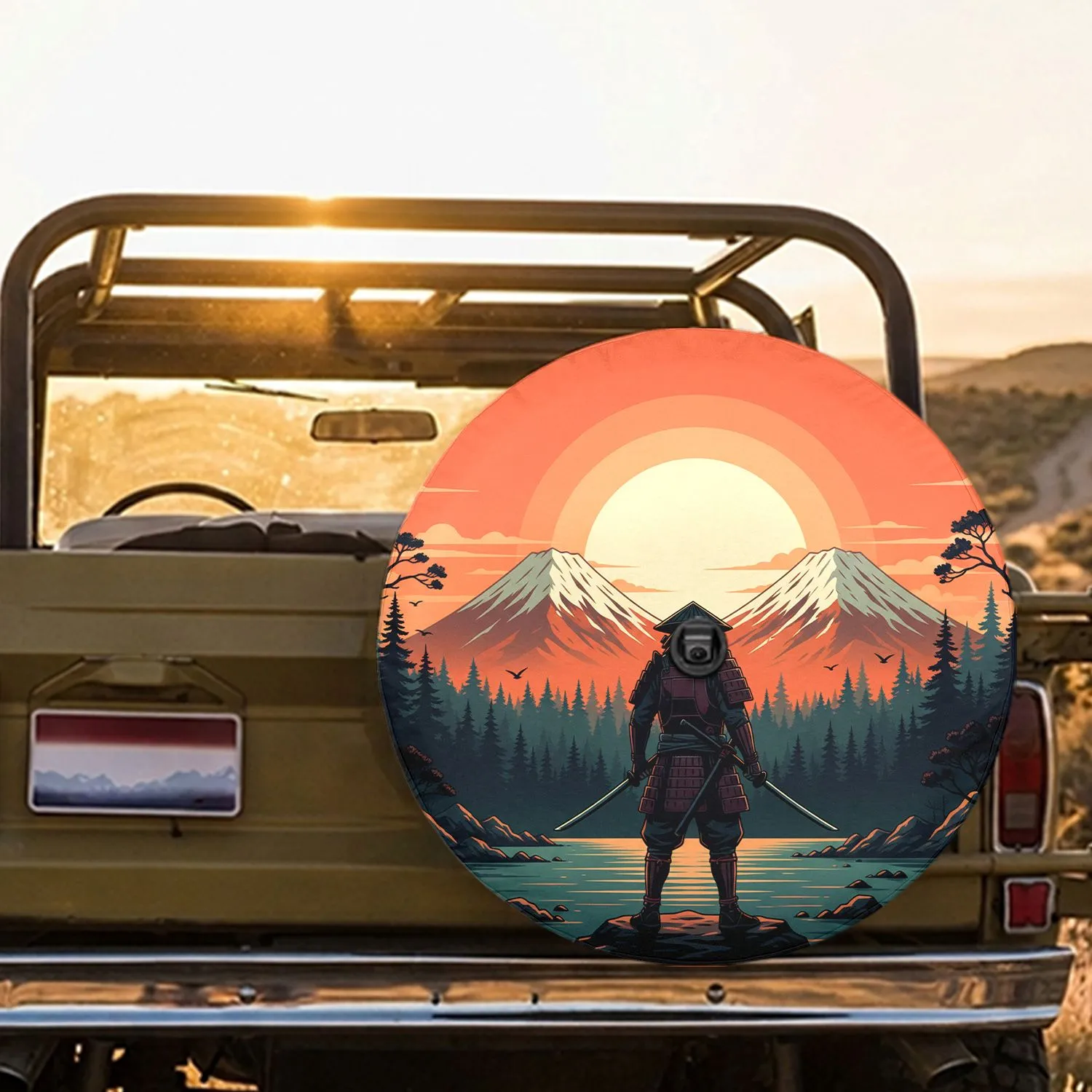 Samurai Warrior Japanese Mountain Sunset - Adventure Lover Gift for History Enthusiast Spare Tire Cover - 1