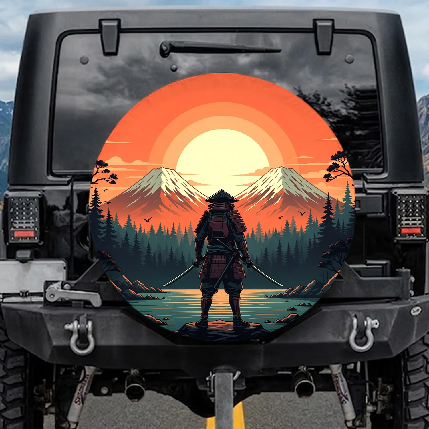 Samurai Warrior Japanese Mountain Sunset - Adventure Lover Gift for History Enthusiast Spare Tire Cover - 1