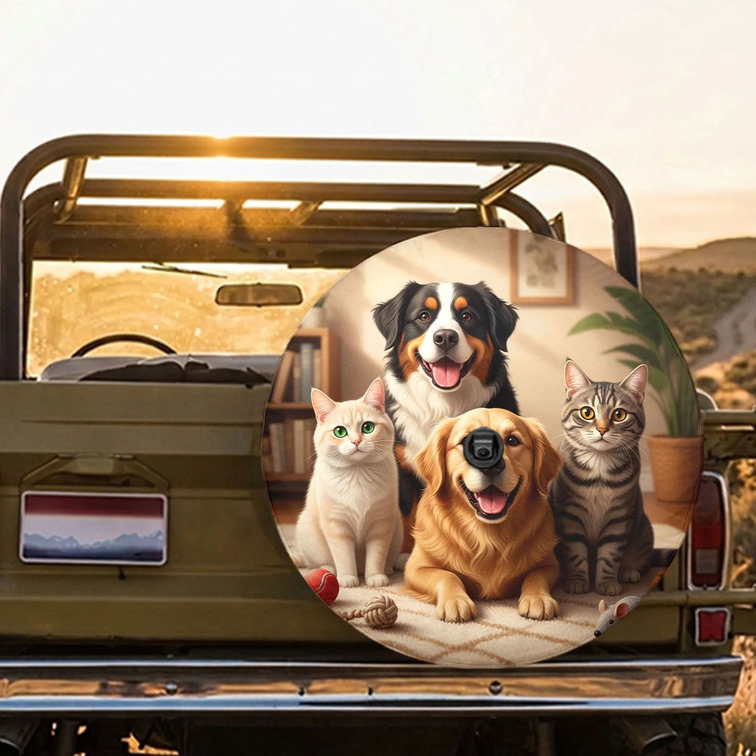 Four Domestic Pets Cat Dog Golden Retriever Bernese - Animal Lover Home Decor Gift Spare Tire Cover - 1