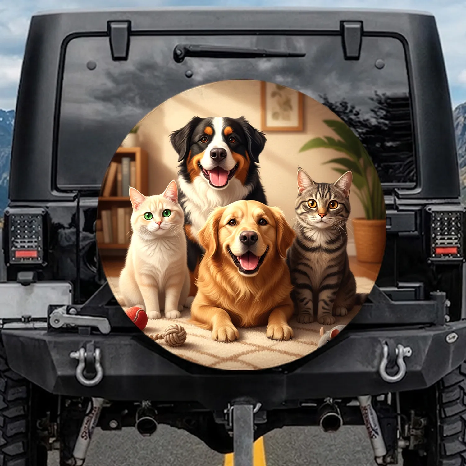 Four Domestic Pets Cat Dog Golden Retriever Bernese - Animal Lover Home Decor Gift Spare Tire Cover - 1