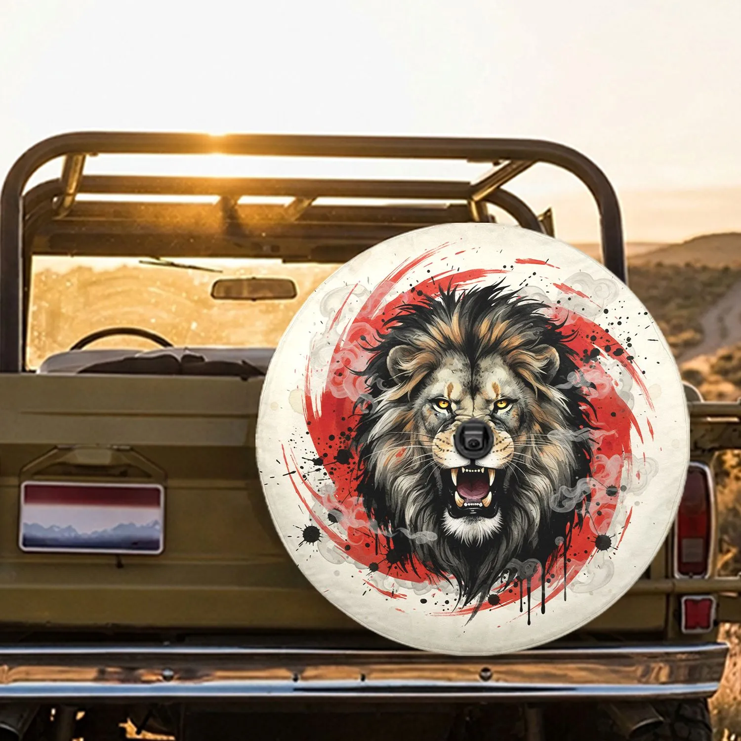 Roaring Lion Golden Eyes Scarlet Swirl - Wildlife Lover Gift Spare Tire Cover - 1
