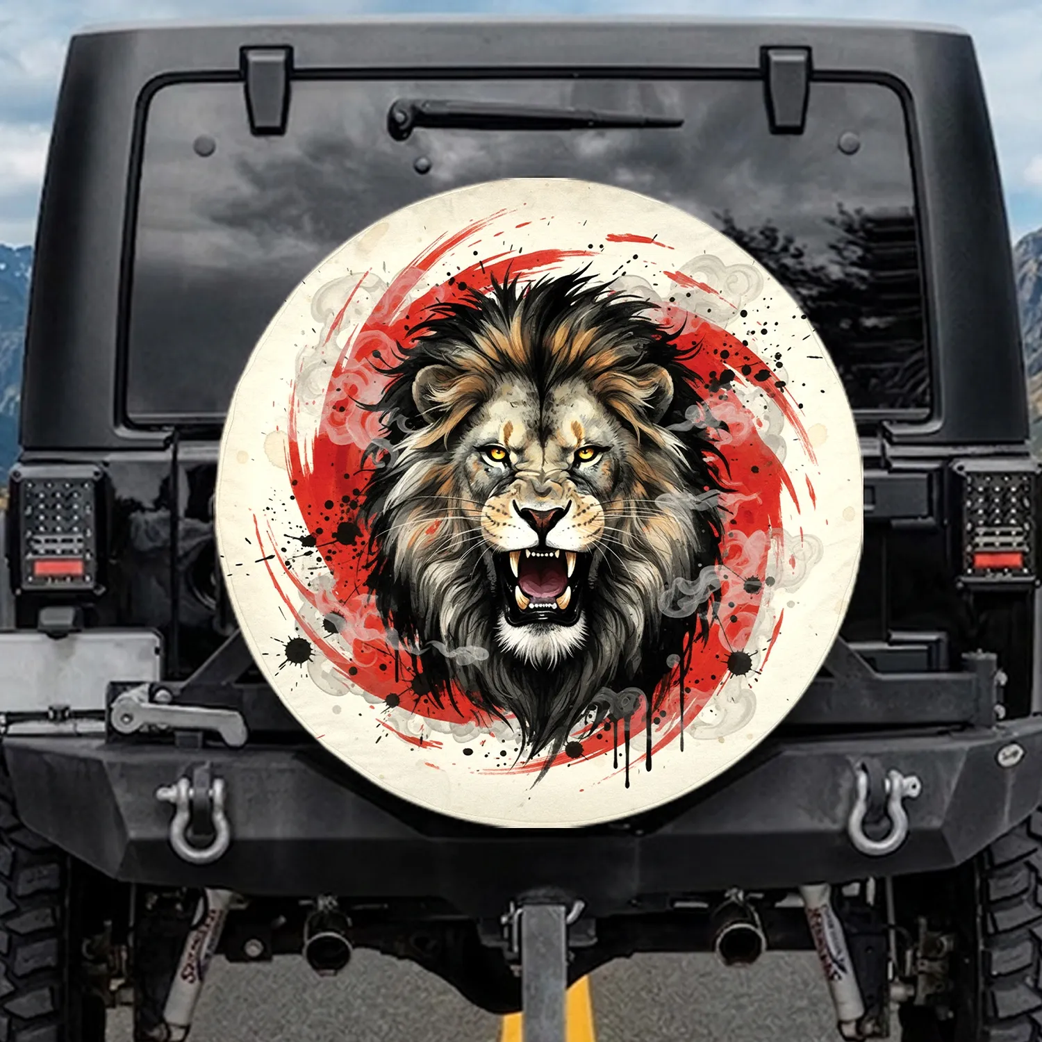 Roaring Lion Golden Eyes Scarlet Swirl - Wildlife Lover Gift Spare Tire Cover - 1
