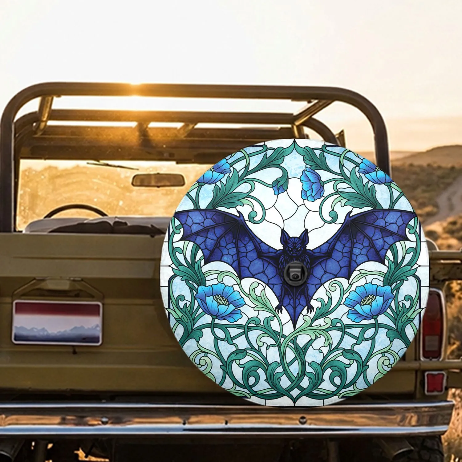 Flying Bat Stained Glass Art Nouveau Floral - Wildlife Lover Home Decor Gift Spare Tire Cover - 1