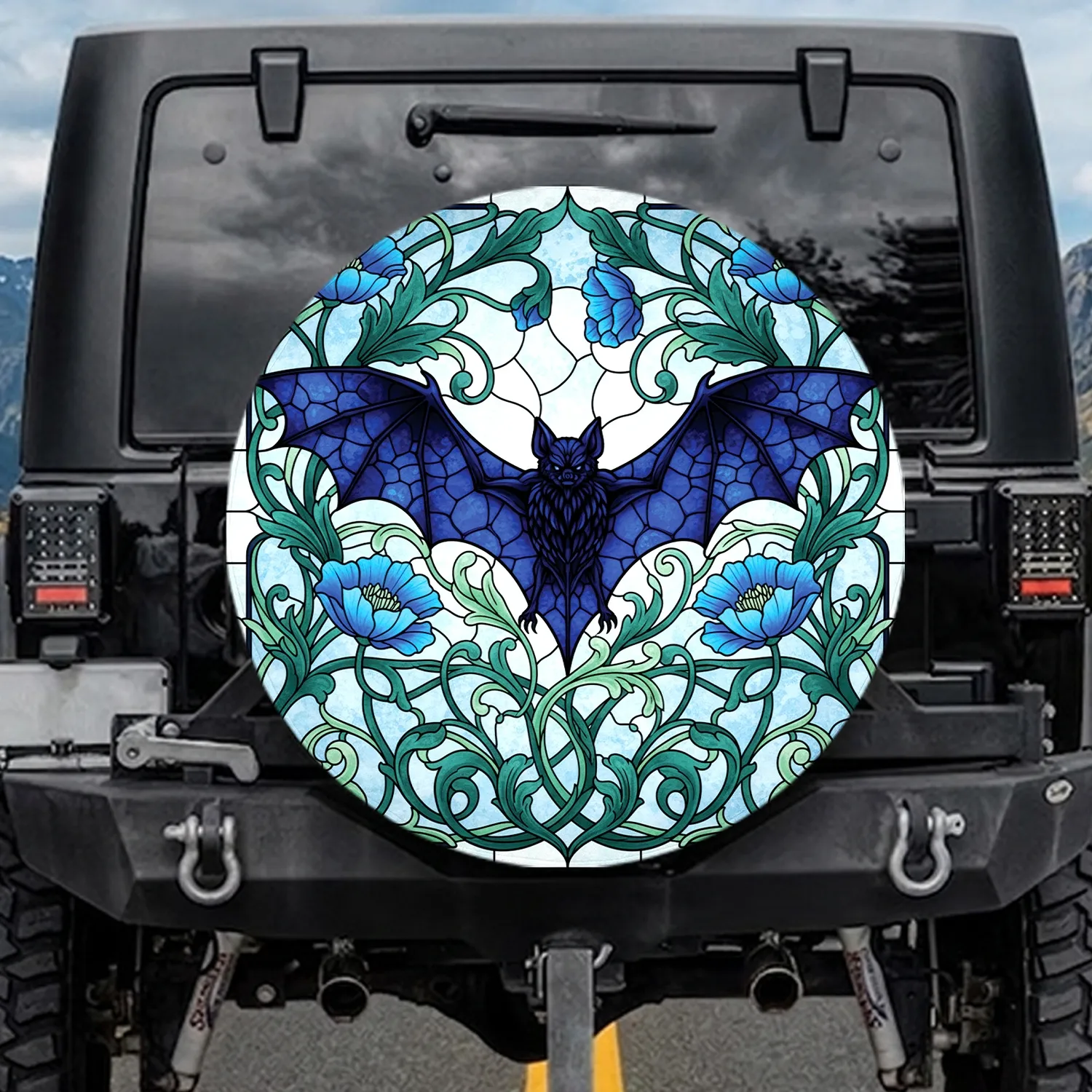 Flying Bat Stained Glass Art Nouveau Floral - Wildlife Lover Home Decor Gift Spare Tire Cover - 1