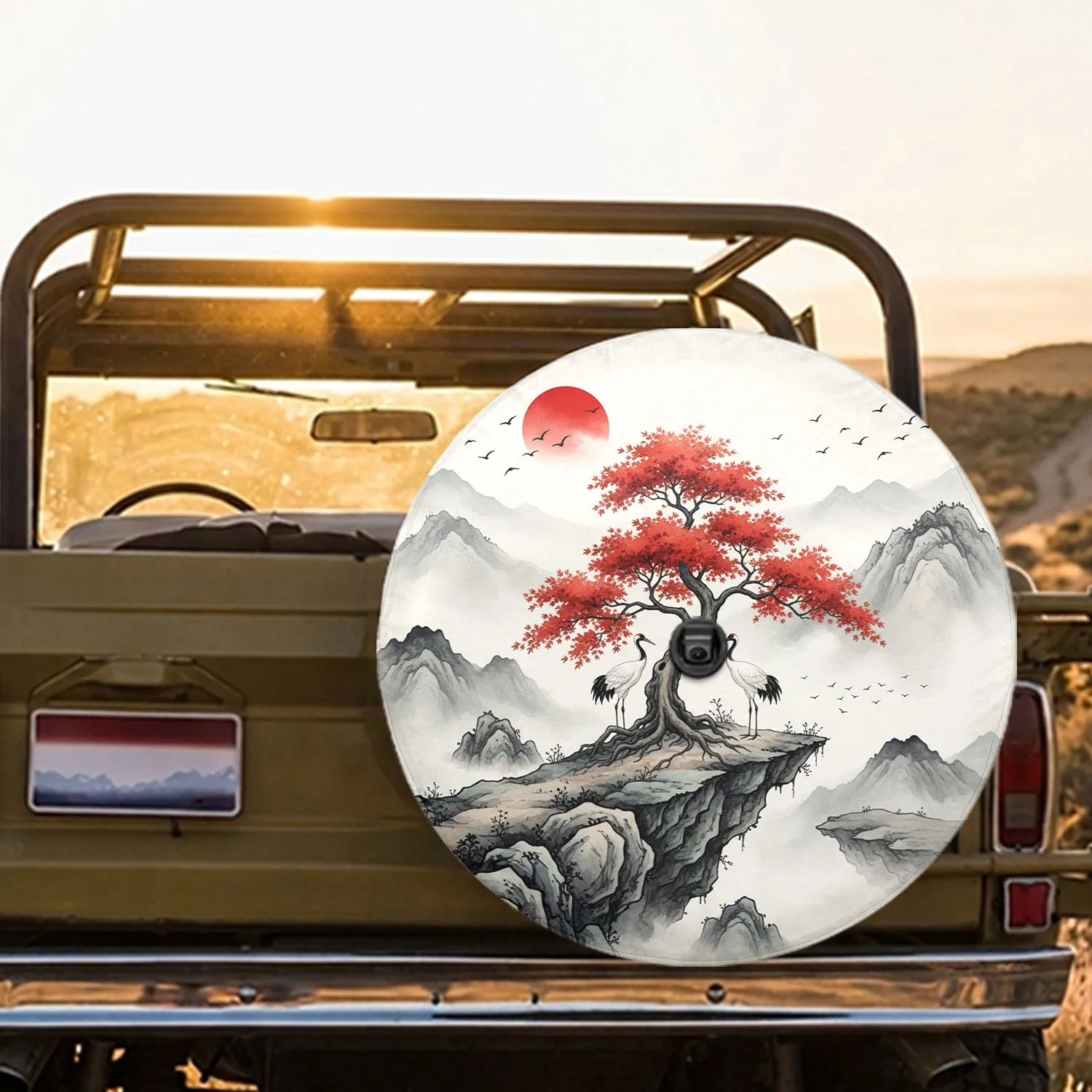 Japanese Red Maple Tree Cranes Sun Rocky Cliff Misty Mountain Birds - Wildlife Lover Gift Spare Tire Cover - 1