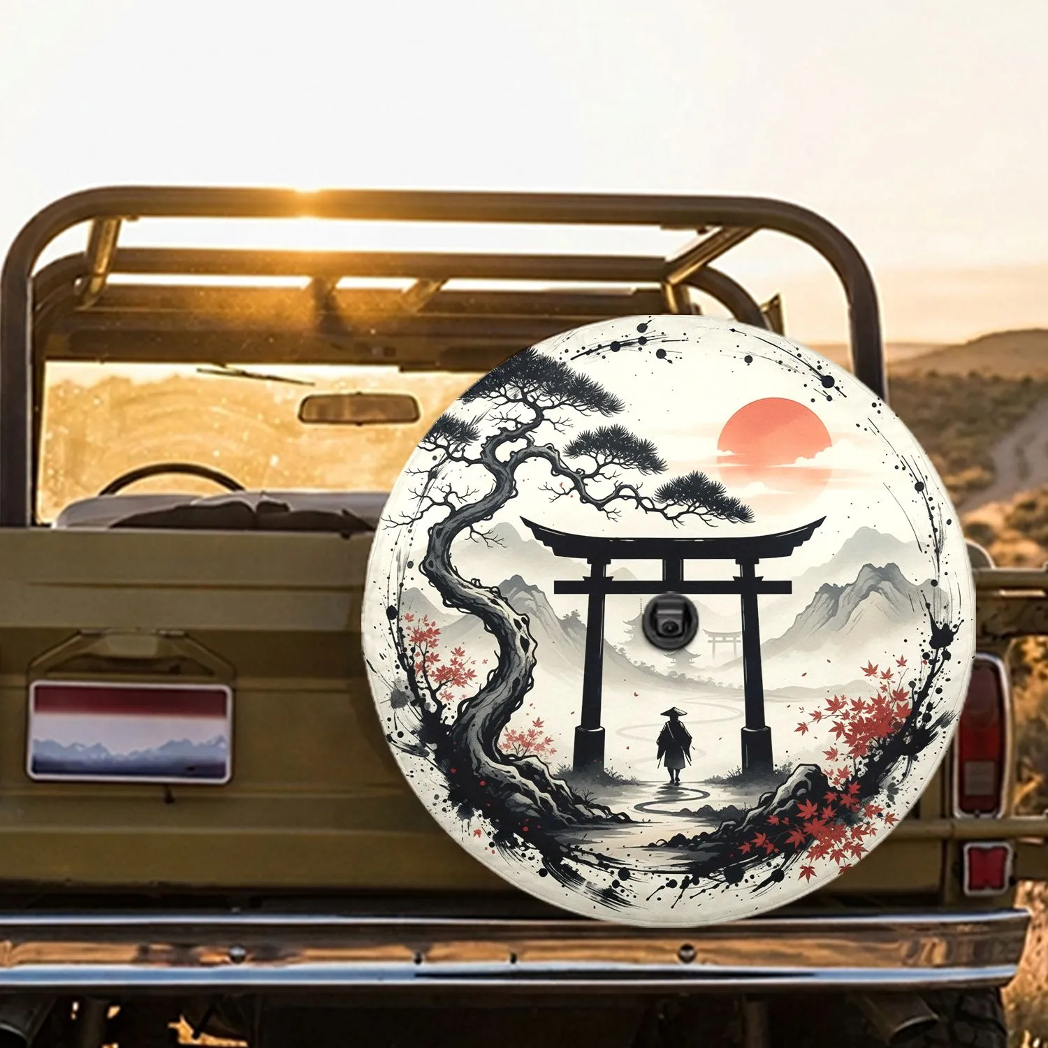 Japanese Torii Gate Figure Pagoda Misty Mountains Pine Tree Red Moon - Home Decor Gift Spare Tire Cover - 1