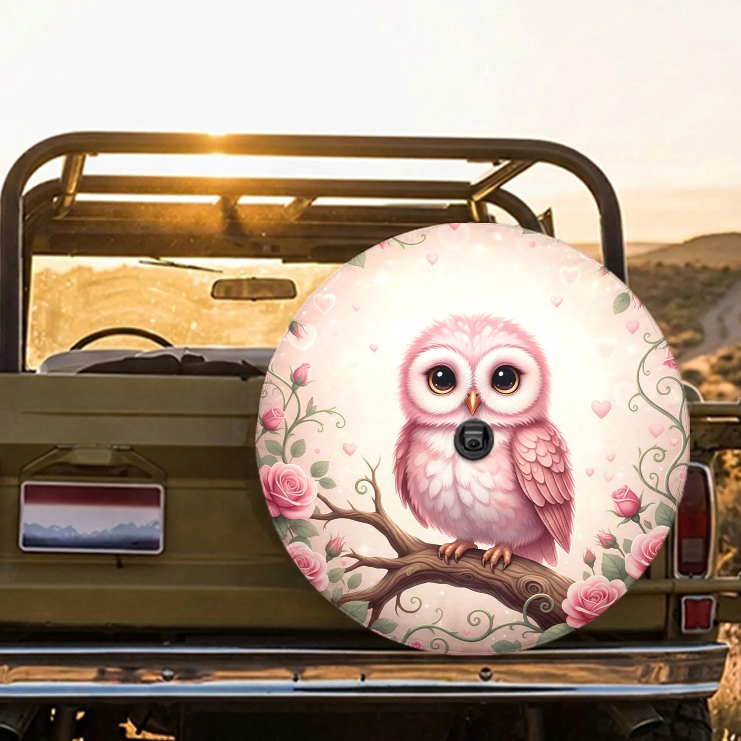 Soft Pink Baby Owl Roses Floral - Home Decor Gift for Owl Lover Spare Tire Cover - 1